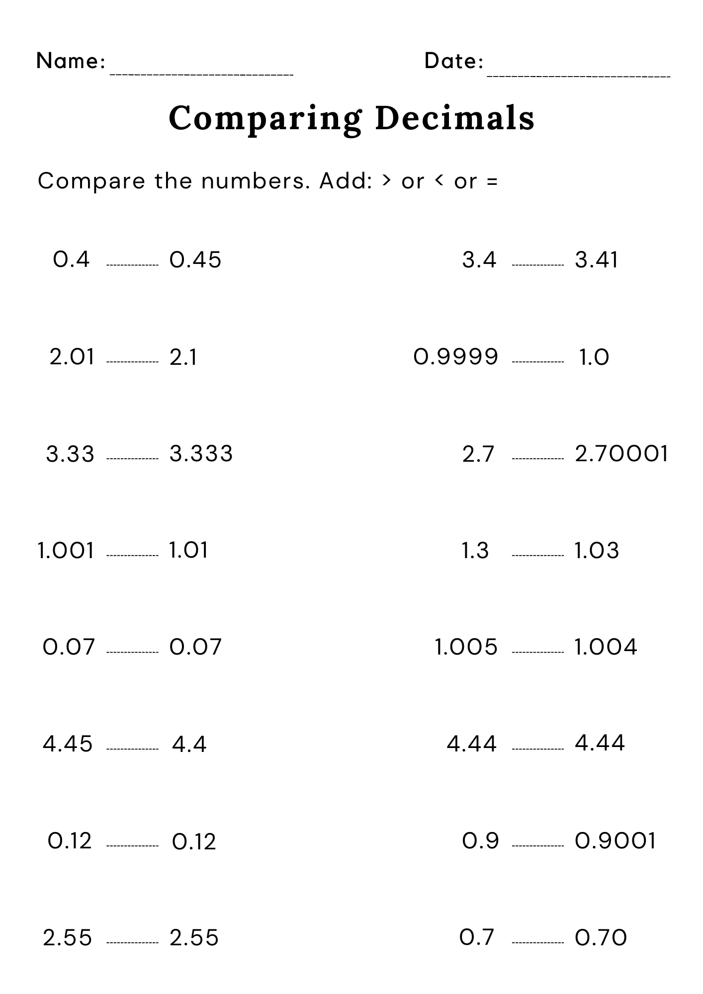 Free Comparing Decimals Worksheets Teach Prints