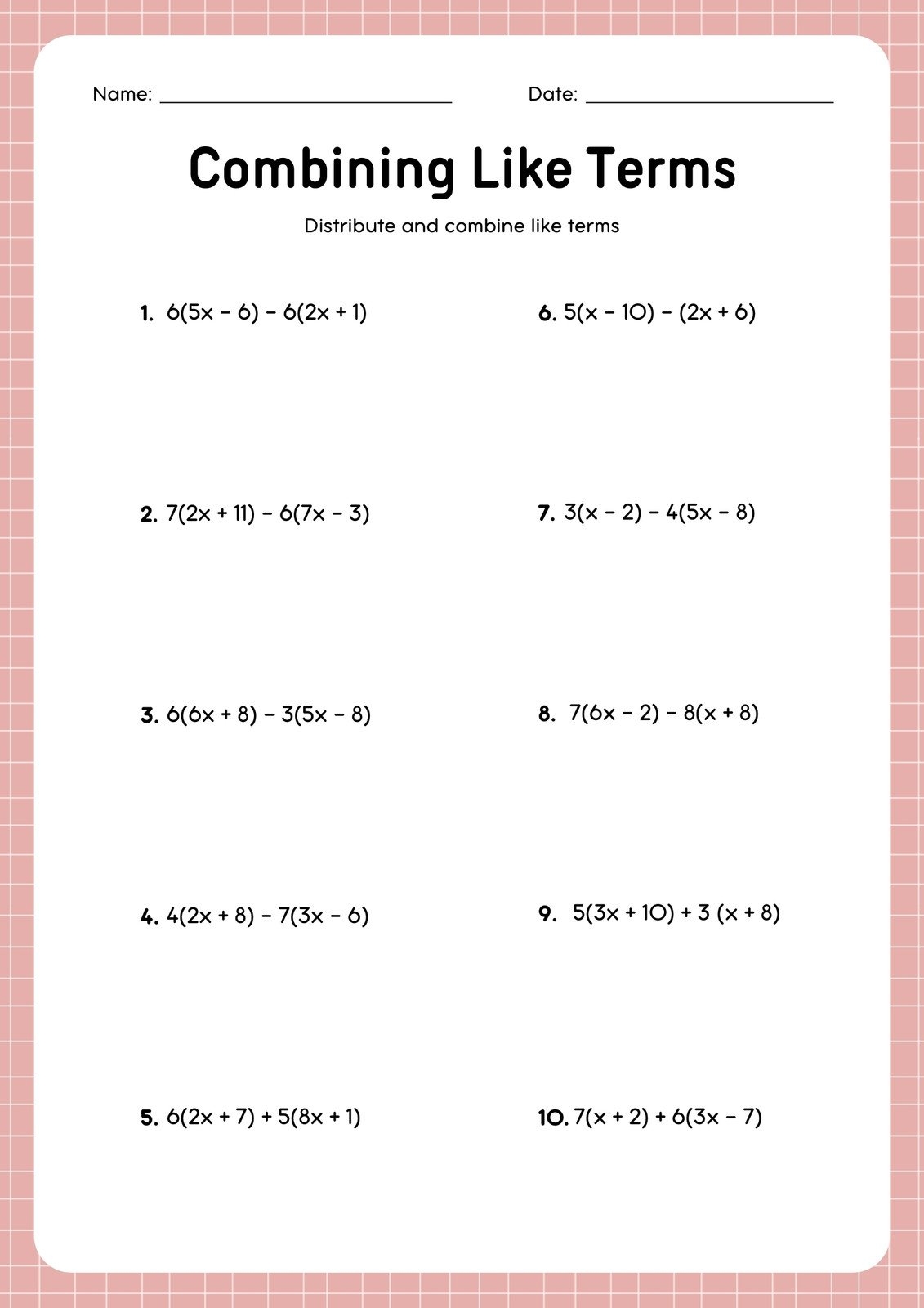 Distributive Property And Combining Like Terms Worksheet Distributive Property And Combining Like Terms Worksheet