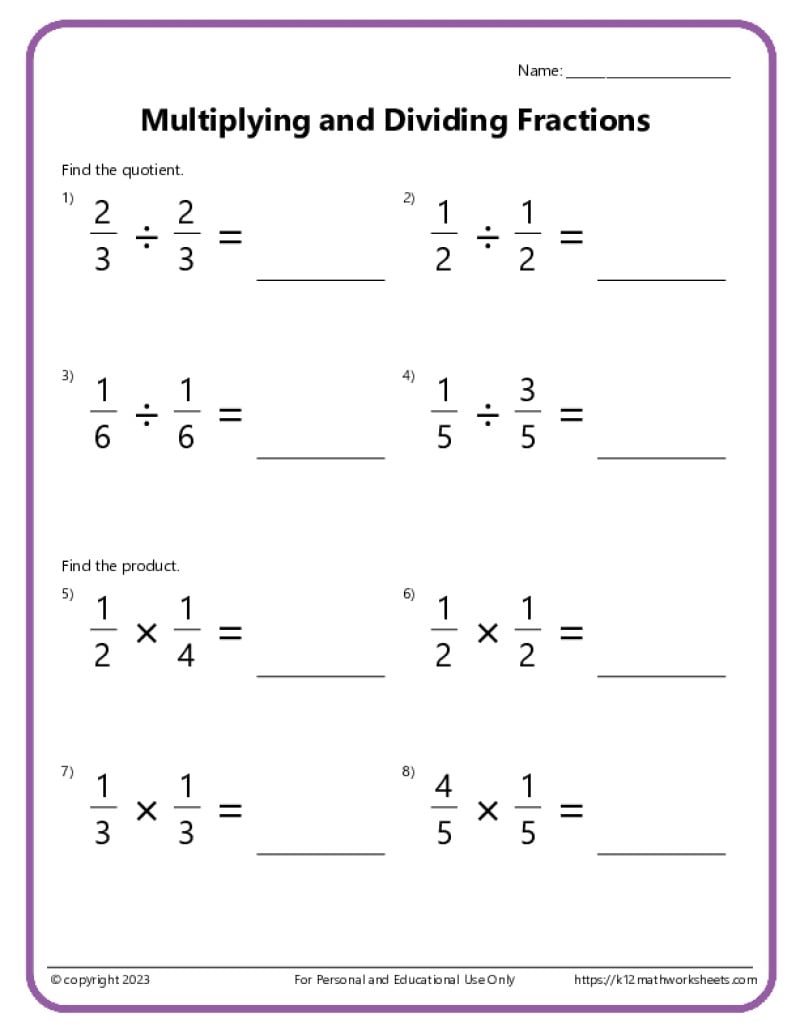 Dividing Fractions Worksheets Divide Whole Numbers By Fractions