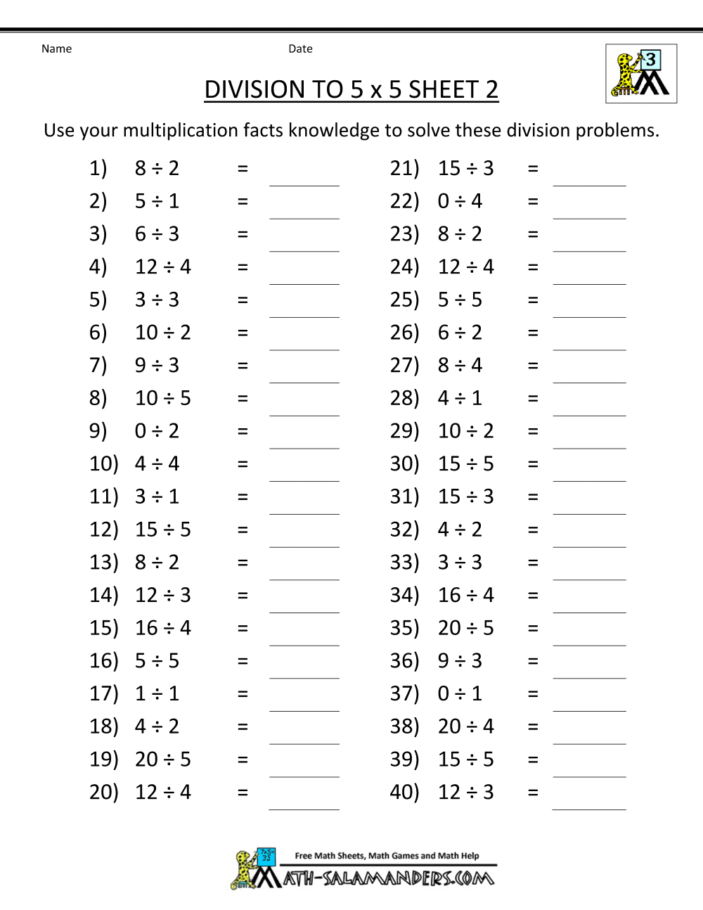 Division Facts Worksheets Basic Division Worksheets