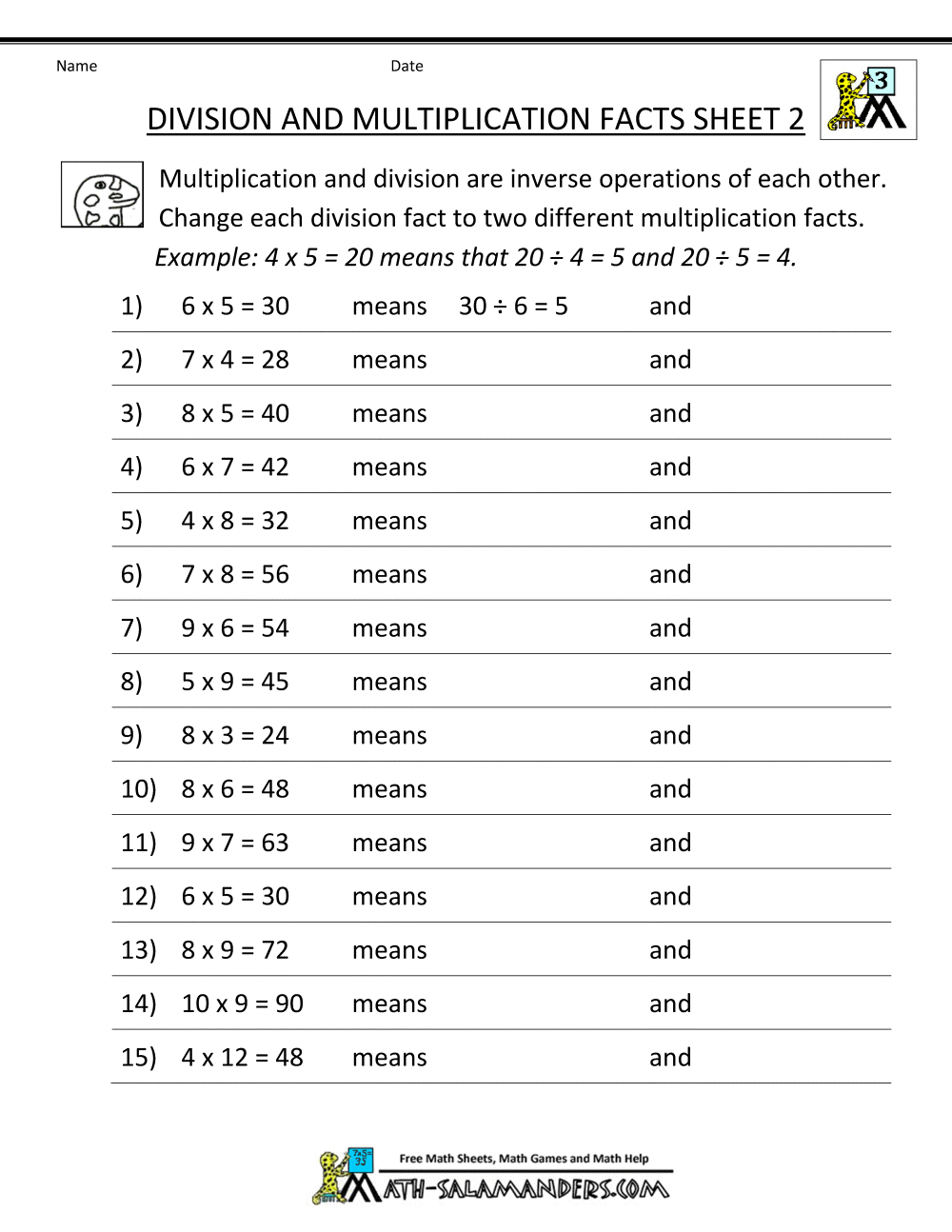 Division Facts Worksheets Division Facts Worksheets
