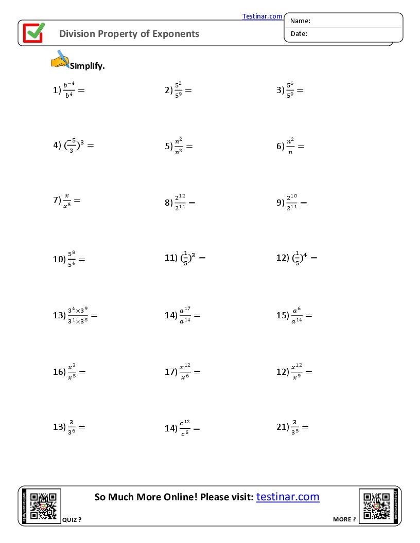 Division Property Of Exponents Worksheets Division Property Of Exponents Worksheets