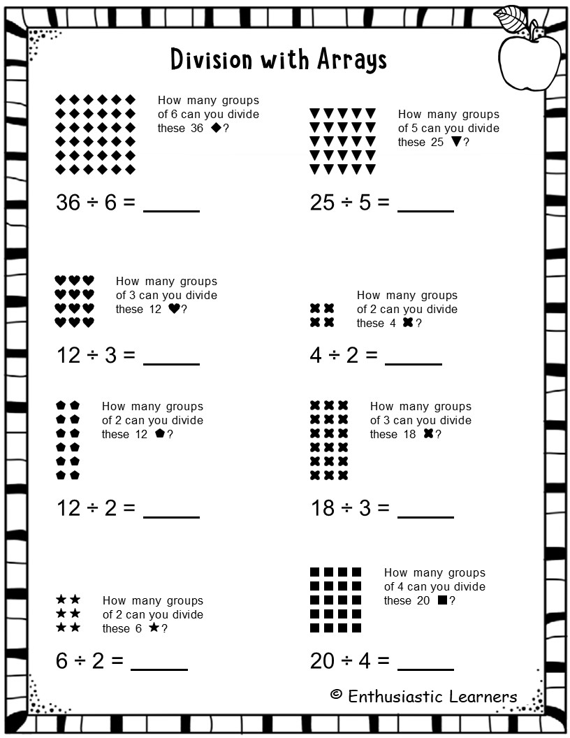 Division With Arrays Grouping Arrays Of Different Shapes Worksheets Math Problems Teaching Resources