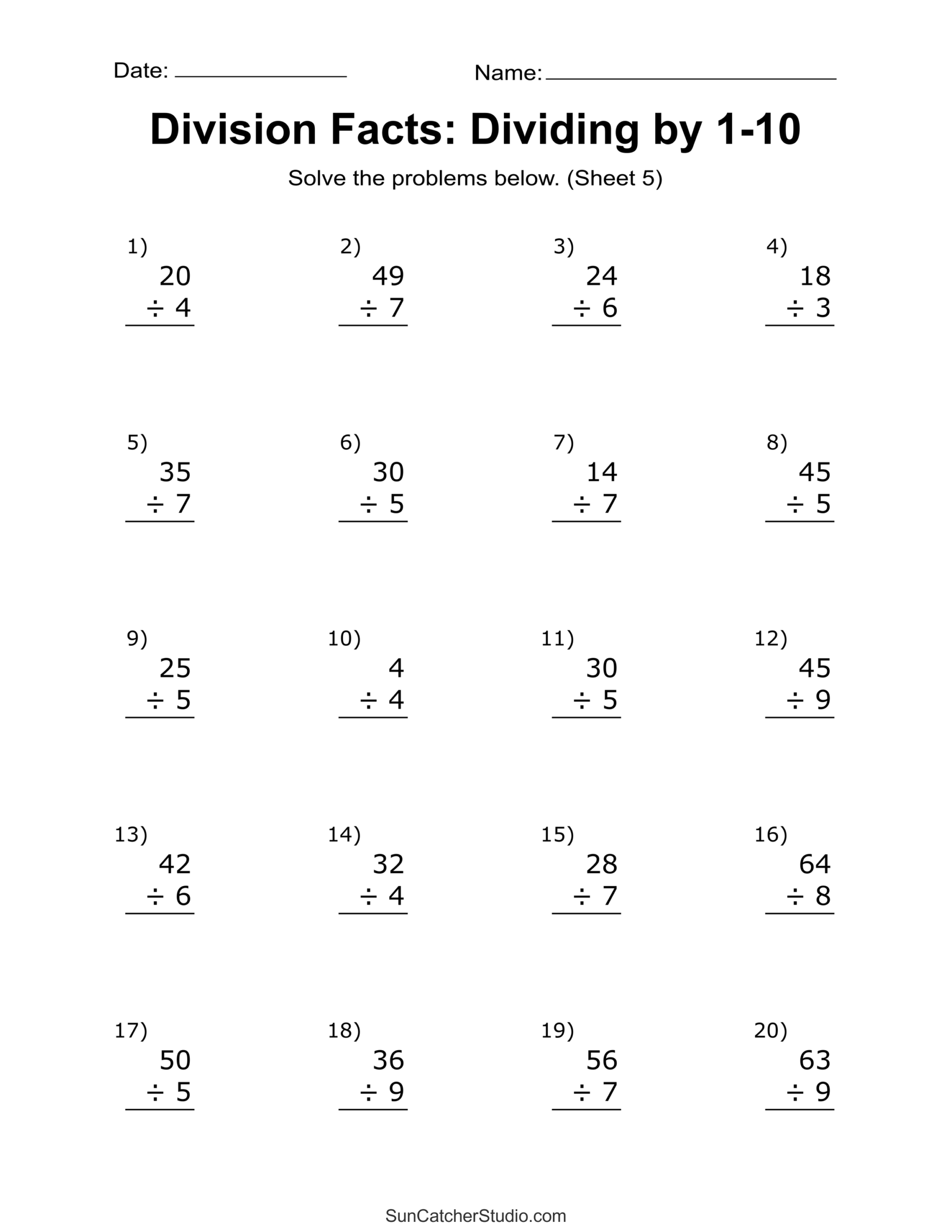 Division Worksheets Problems Free Printable Math Drills Free Printables Lettering SVG Files Tools Apps 10 Printable Division Worksheets Numbers 1 10 3rd 5th Grade Math Etsy