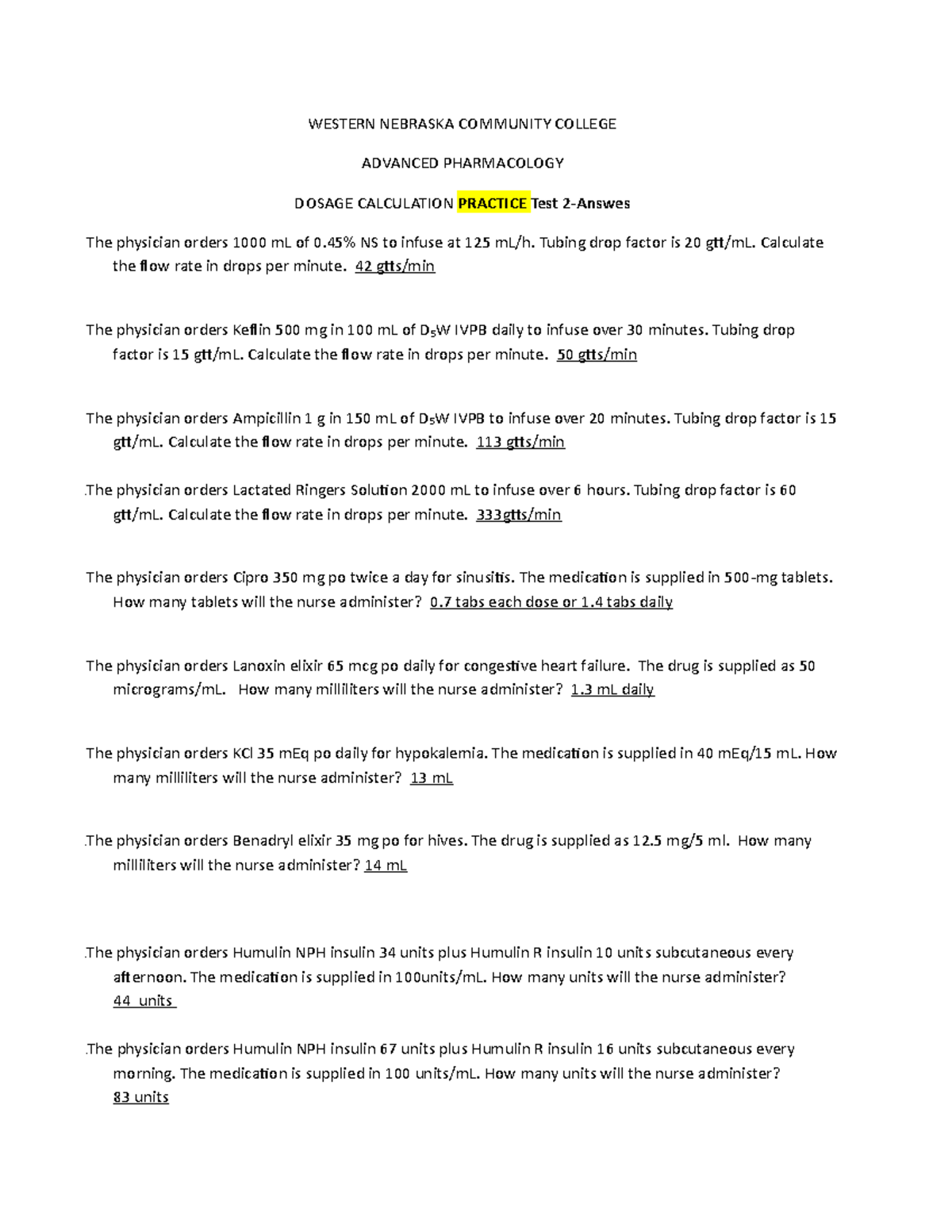 Dosage Calculation Practice Exam Test 2 Answers Studocu