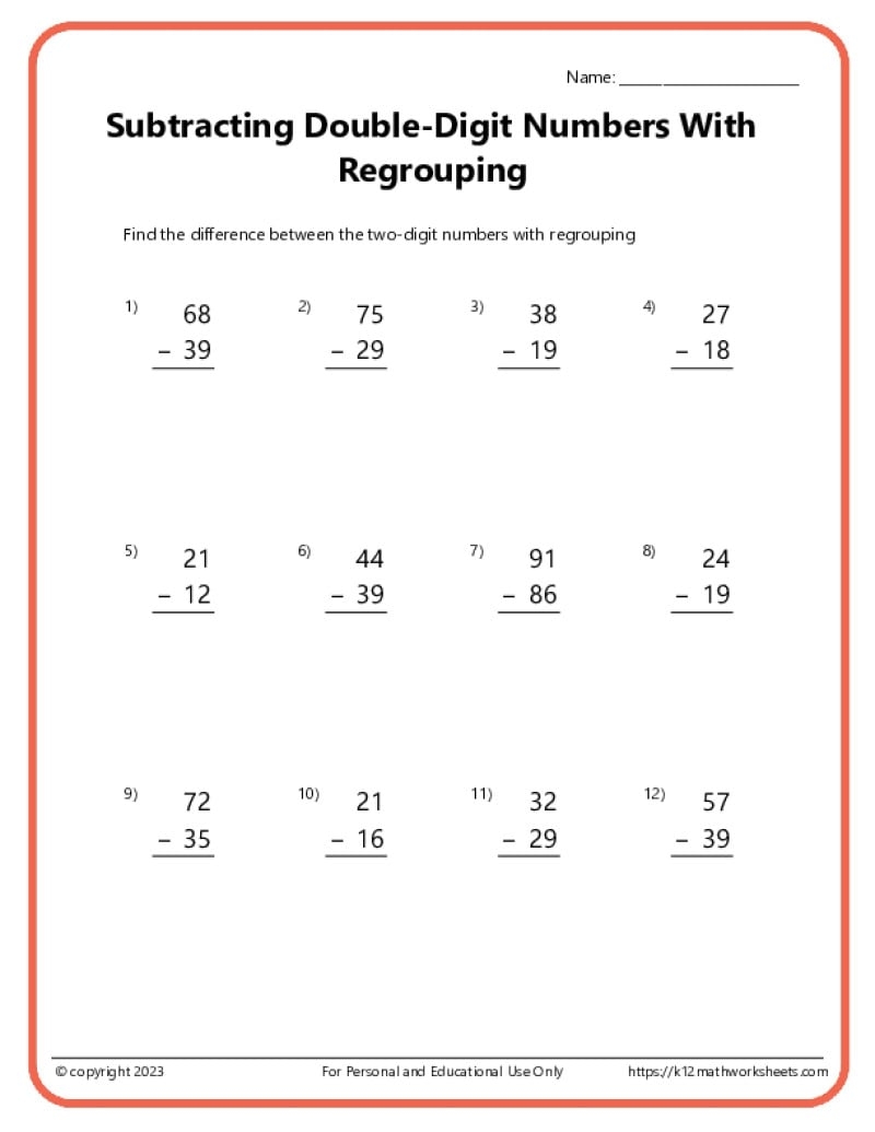 Double Digit Subtraction With Regrouping Borrowing K12 Math Worksheets Two Digit Subtraction Worksheets With Regrouping PDF Etsy