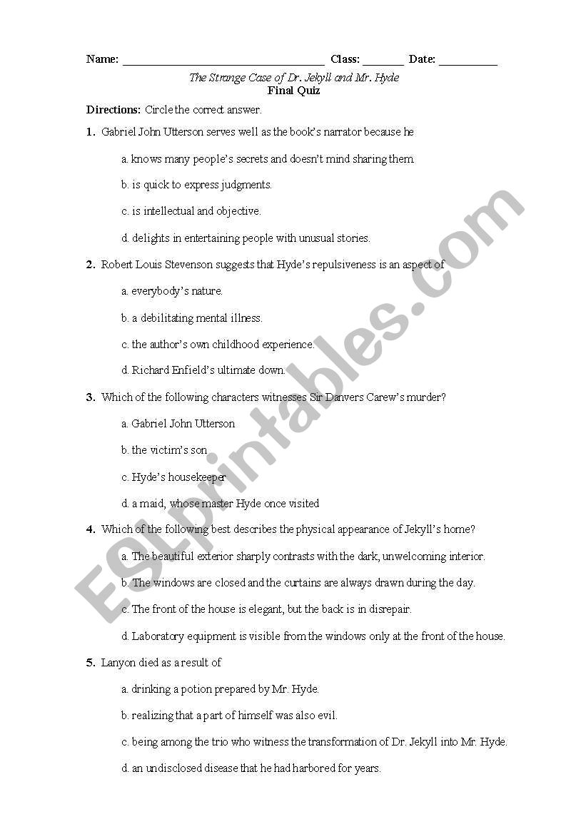 Dr Jekyll And Mr Hyde Final Comprehension Quiz ESL Worksheet By SFWilliamson