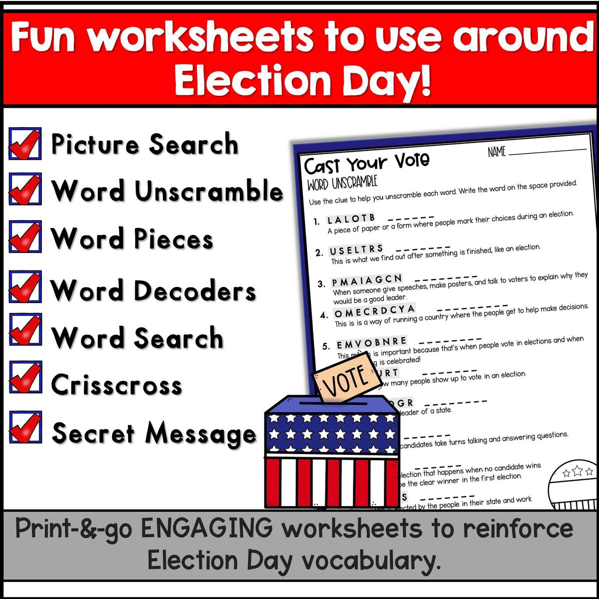 Election Day Puzzles Packet Voting Crossword Puzzle Election Word Search The Rocket Resource