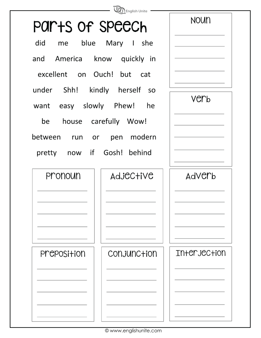 Speech Parts Sorter Free Worksheet For Kids SKOOLGO