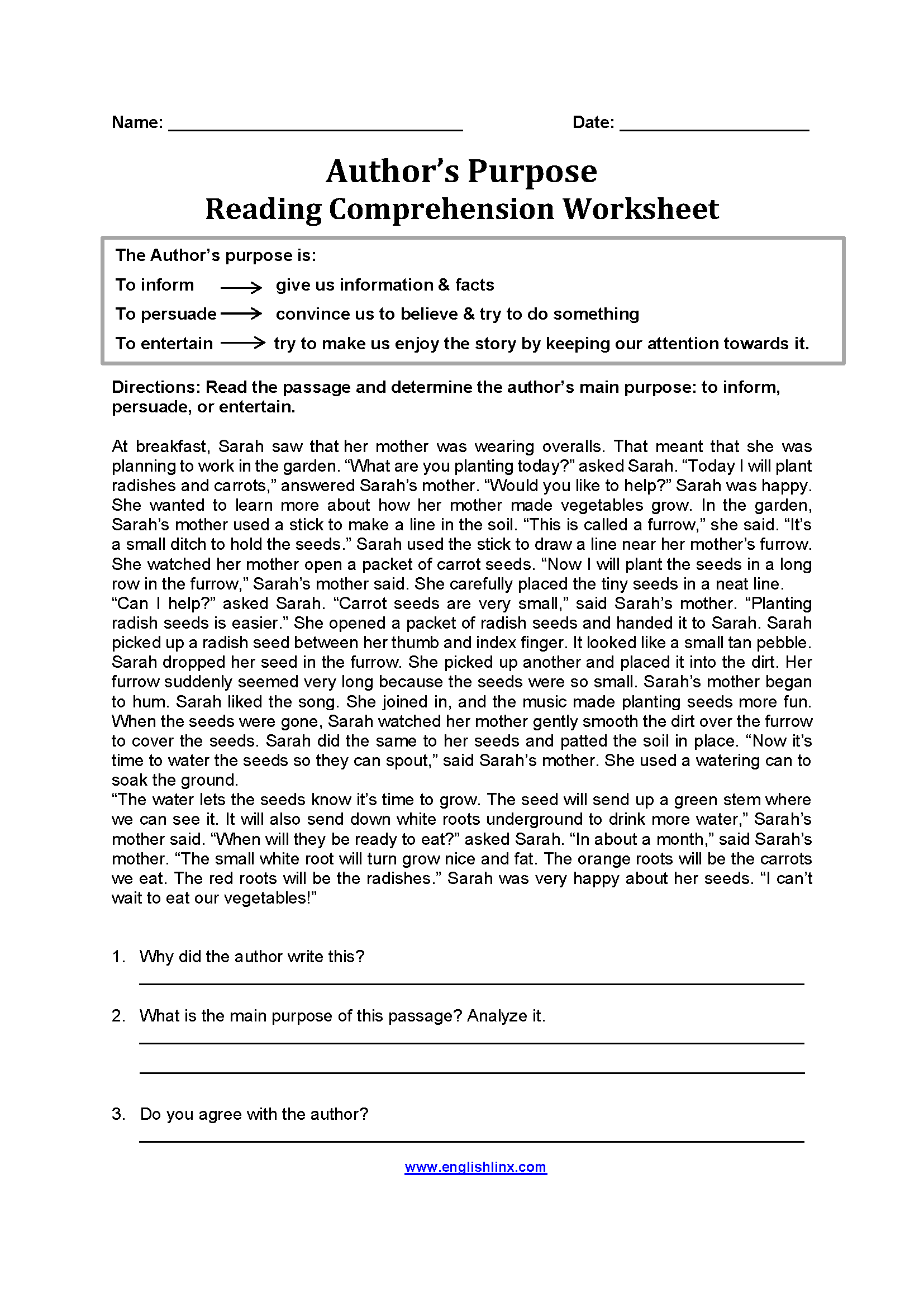 Englishlinx Author S Purpose Worksheets Identifying The Author S Reasons In A Text Worksheet Have Fun Teaching