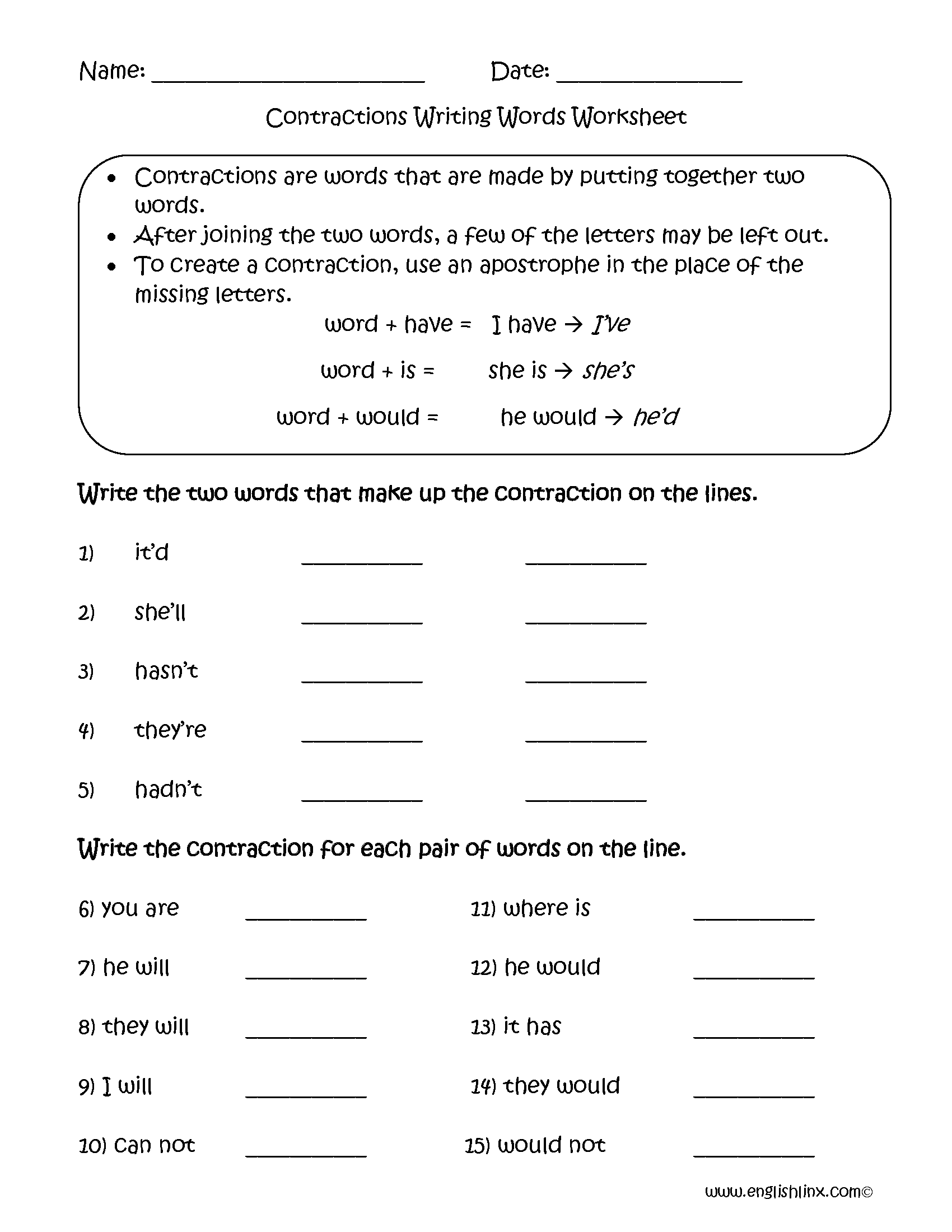 Englishlinx Contractions Worksheets Contractions Worksheets And Activities Language Arts And Grammar