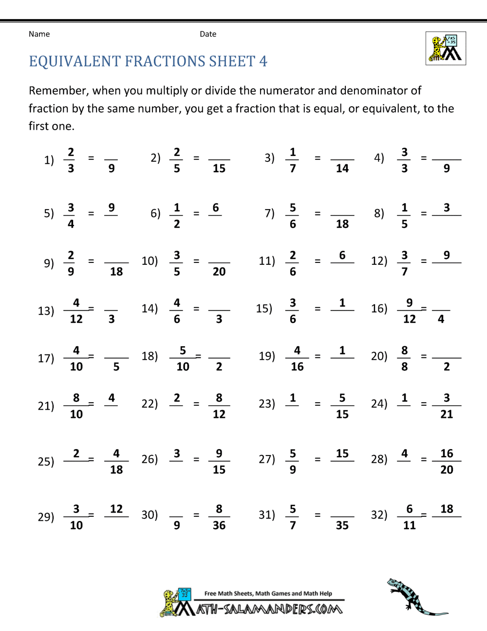 Equivalent Fractions Worksheet