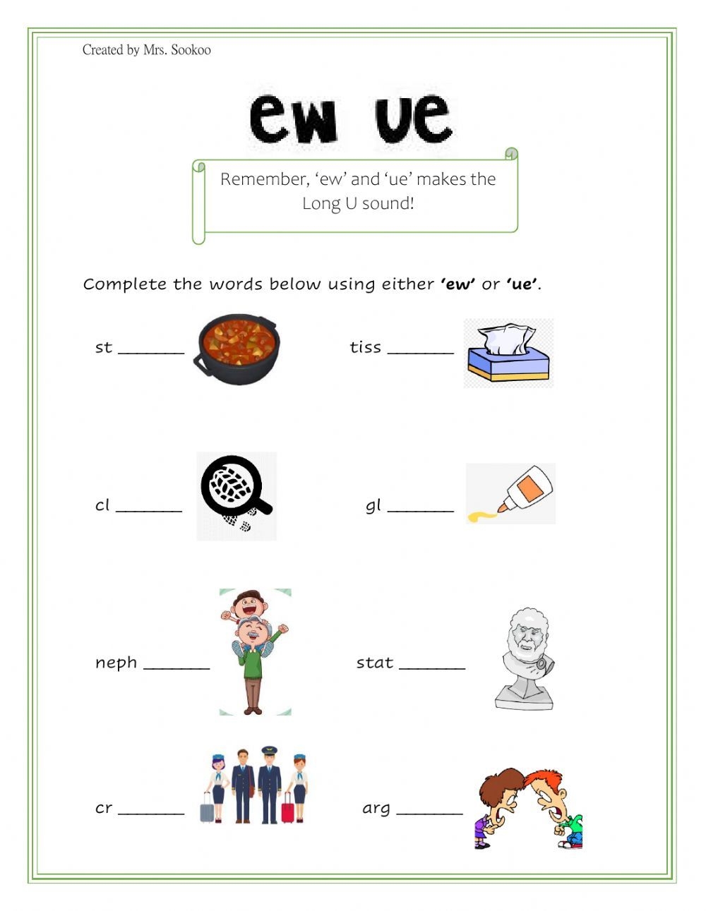 Ew Ue Words Printable