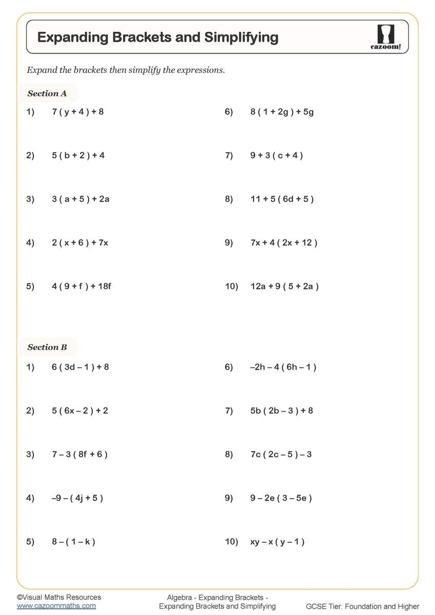 Expanding Brackets And Simplifying Worksheet Cazoom Maths Worksheets