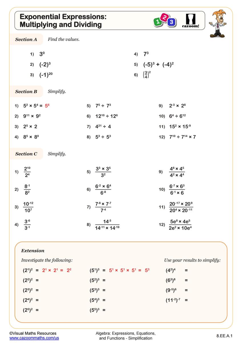 Exponential Expressions Multiplying And Dividing Worksheet Fun And Engaging 8th Grade PDF Worksheets Cazoom Math Multiplication Property Of Exponents Worksheets