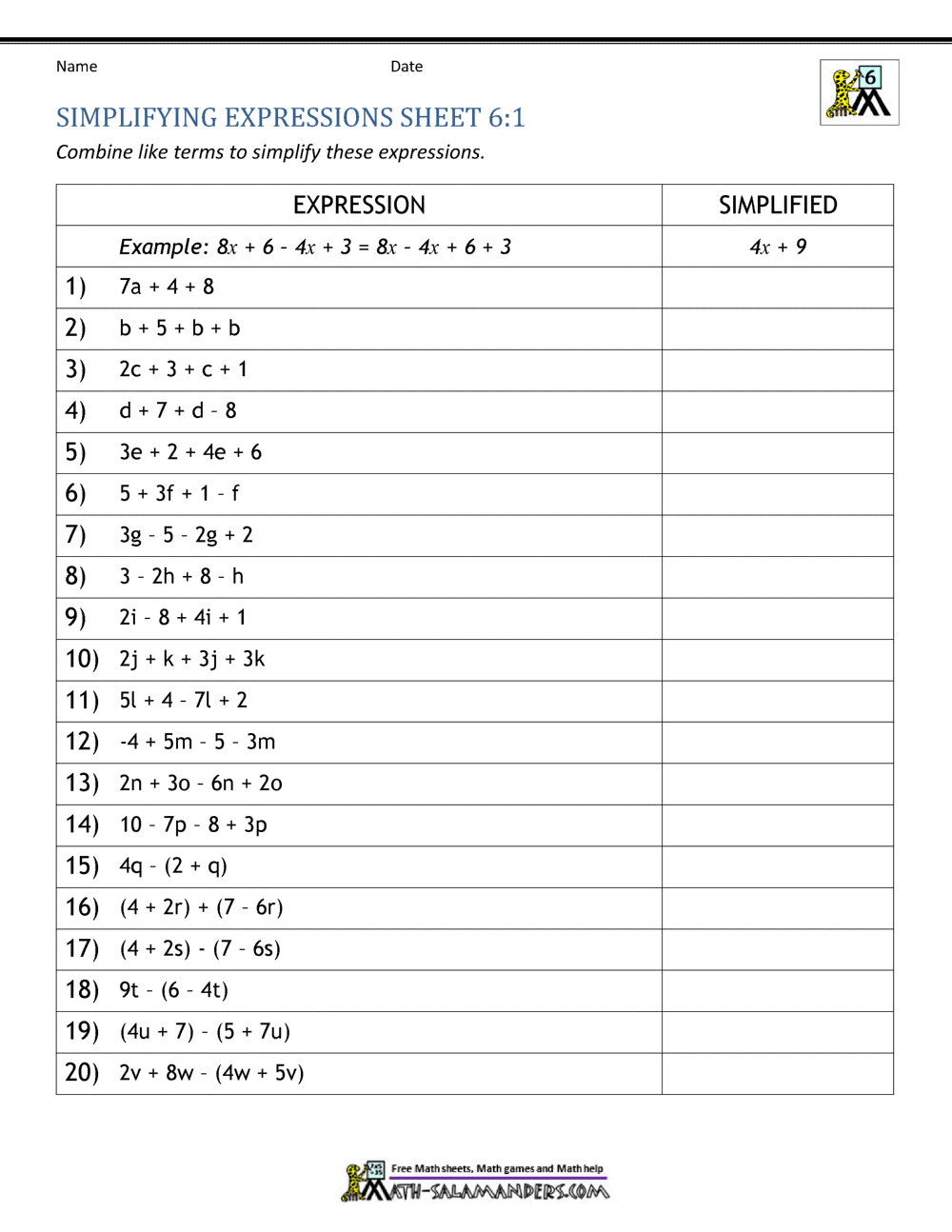 Expressions And Equations 6th Grade Basic Algebra Worksheets