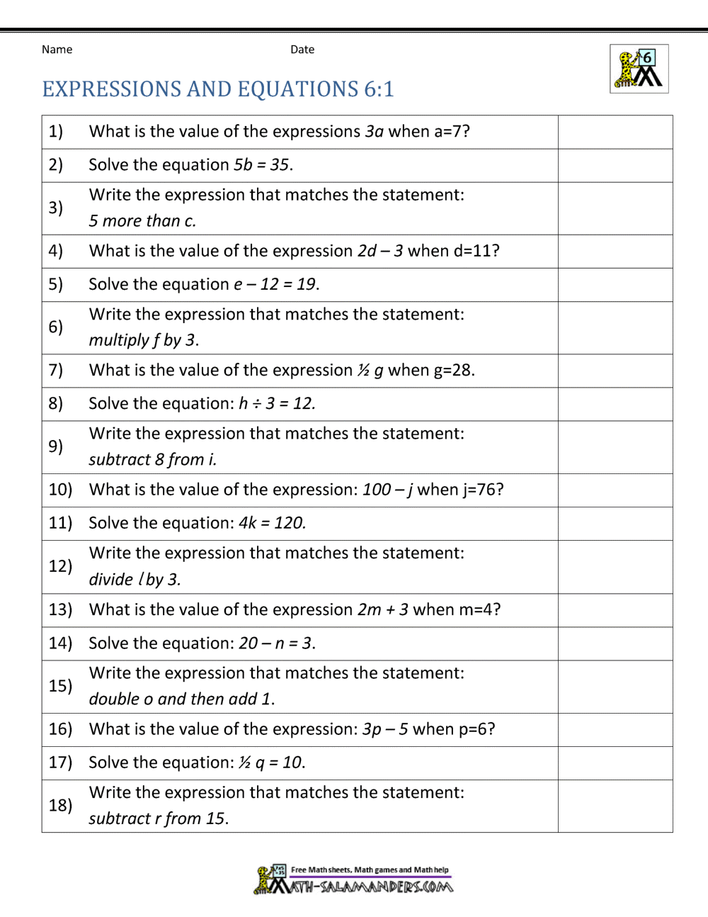 Expressions And Equations 6th Grade Expressions And Equations 6th Grade
