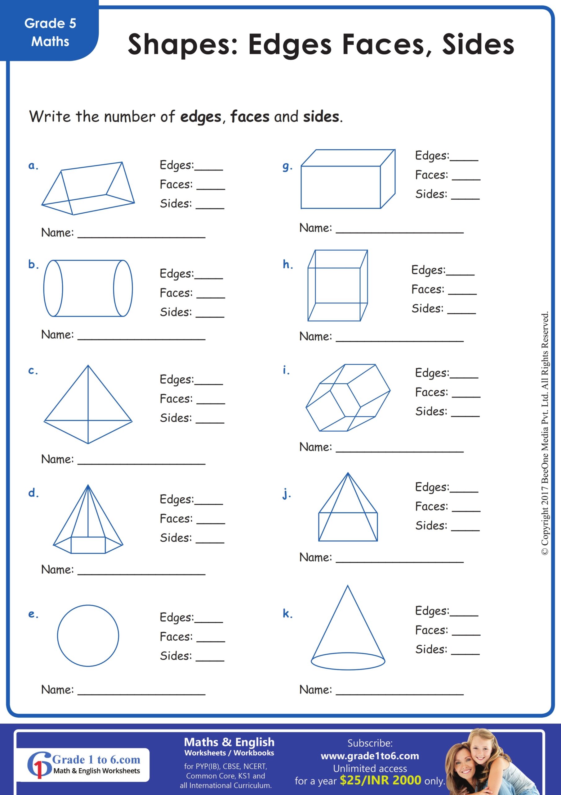 Faces Edges Vertices Worksheet Grade1to6