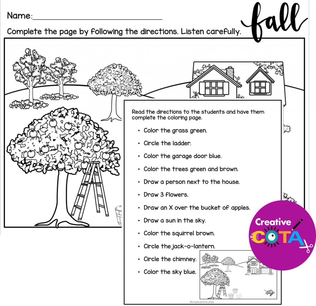 Fall And Halloween Following Directions Packet Your Therapy Source Following Directions Coloring Activities For Listening Comprehension Bundle Made By Teachers