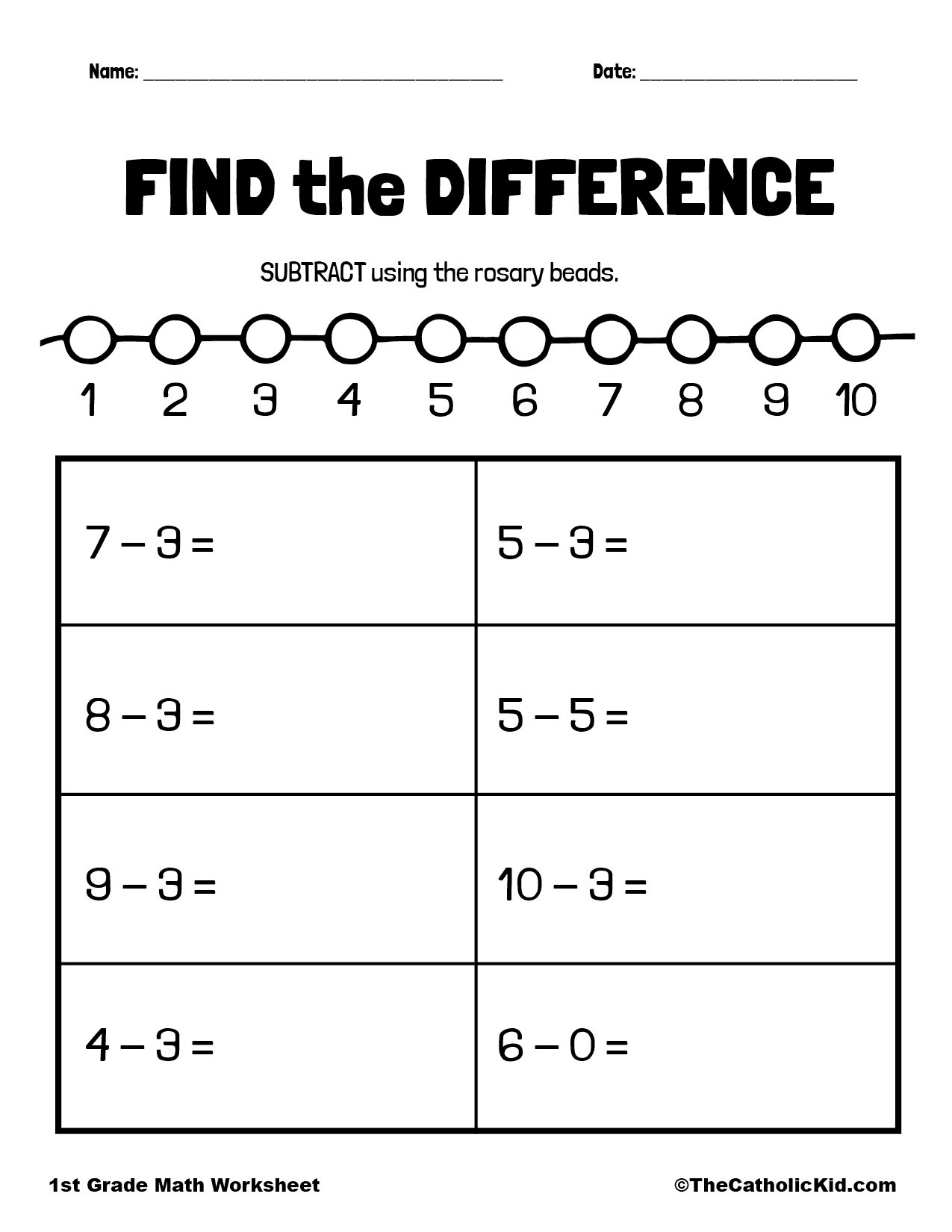 Find The Difference 1st Grade Math Subtraction Worksheet Catholic TheCatholicKid Find The Difference 1st Grade Math Subtraction Worksheet Catholic TheCatholicKid