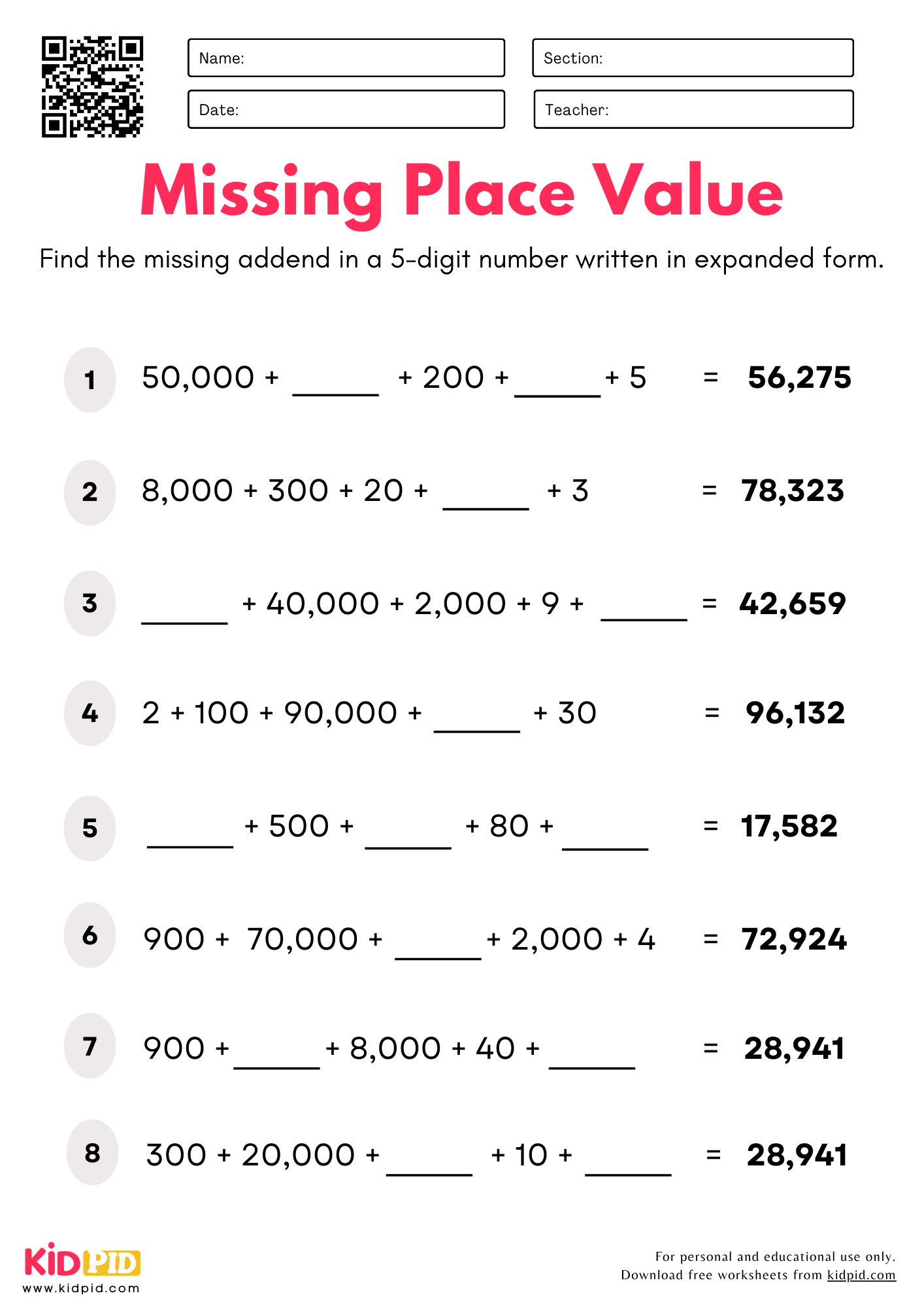 Find The Missing Place Value 5 Digits Worksheet For Grade 4 Kidpid Find The Missing Place Value 5 Digits Worksheet For Grade 4 Kidpid