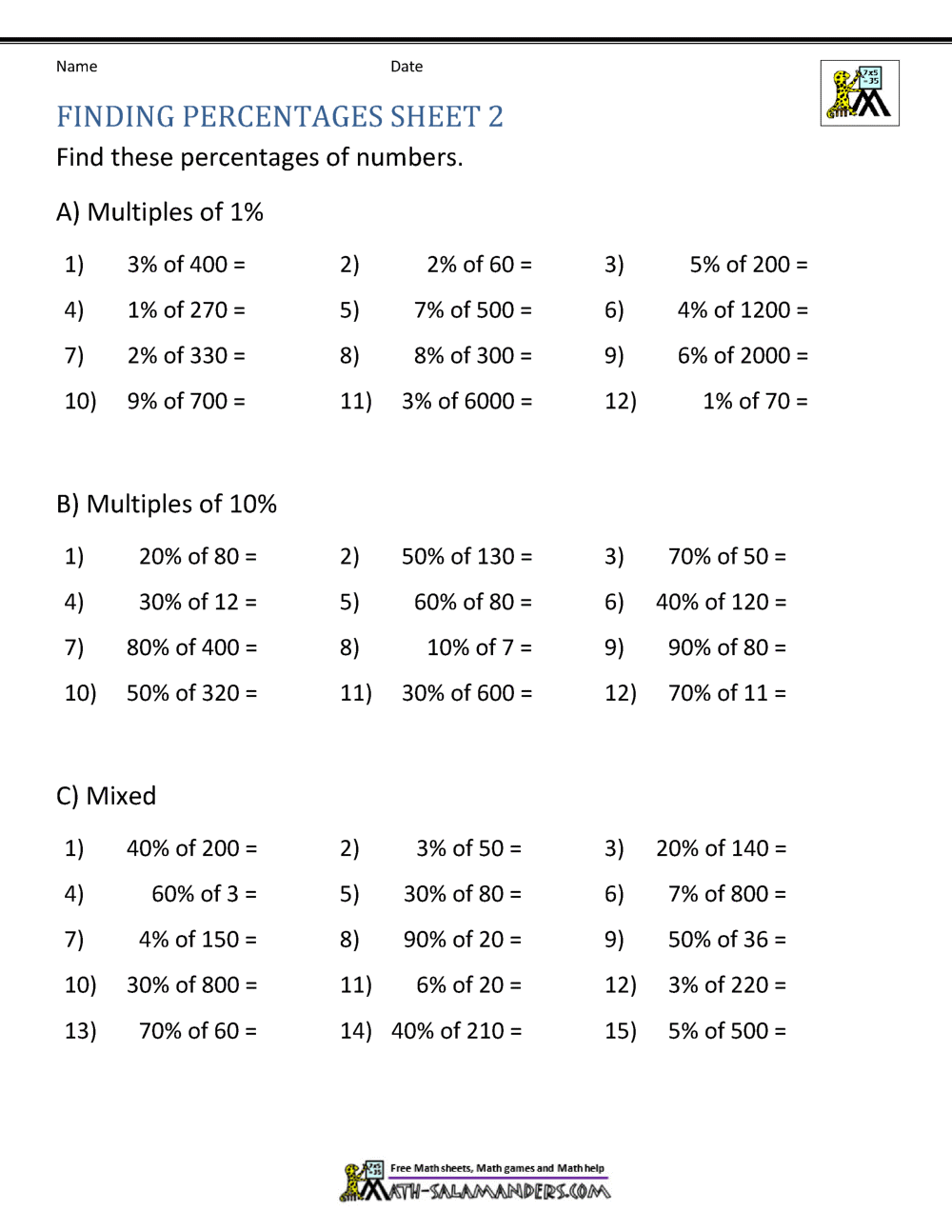 Finding Percentage Worksheets Finding Percentage Worksheets