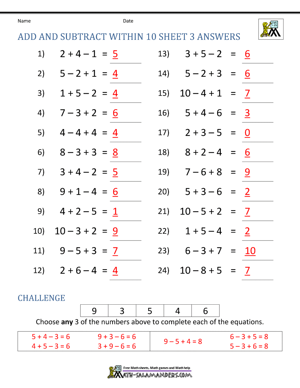 First Grade Addition And Subtraction Facts To 12