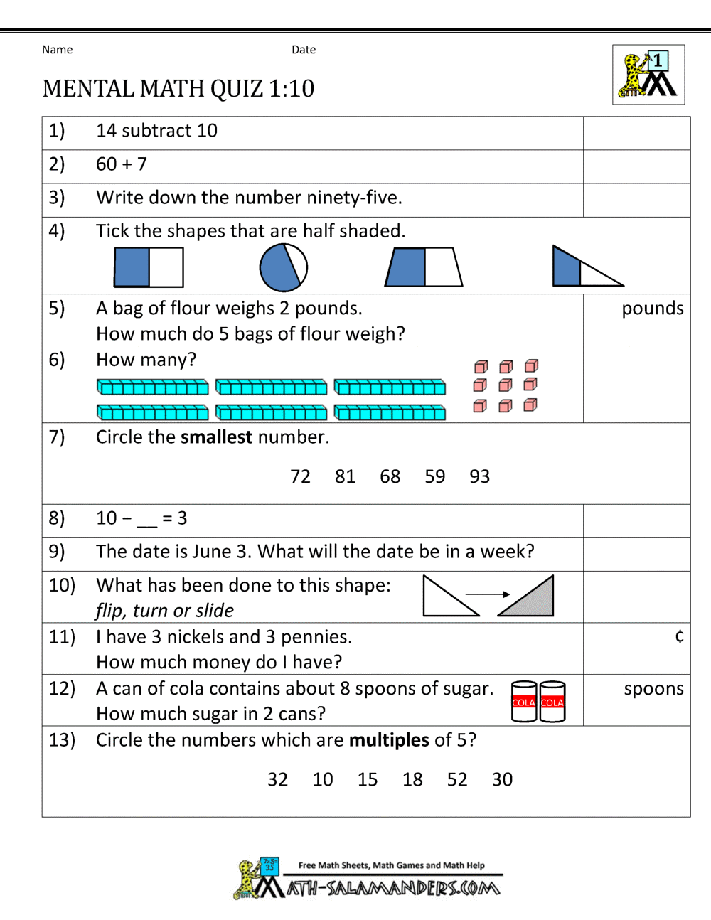 First Grade Mental Math Worksheets First Grade Mental Math Worksheets
