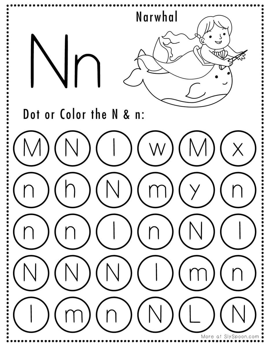 Free Alphabet Do A Dot Printables Worksheets Letter N Mermaid Themed Sly Spoon Letter Recognition Phonics Worksheet M Uppercase Super Simple