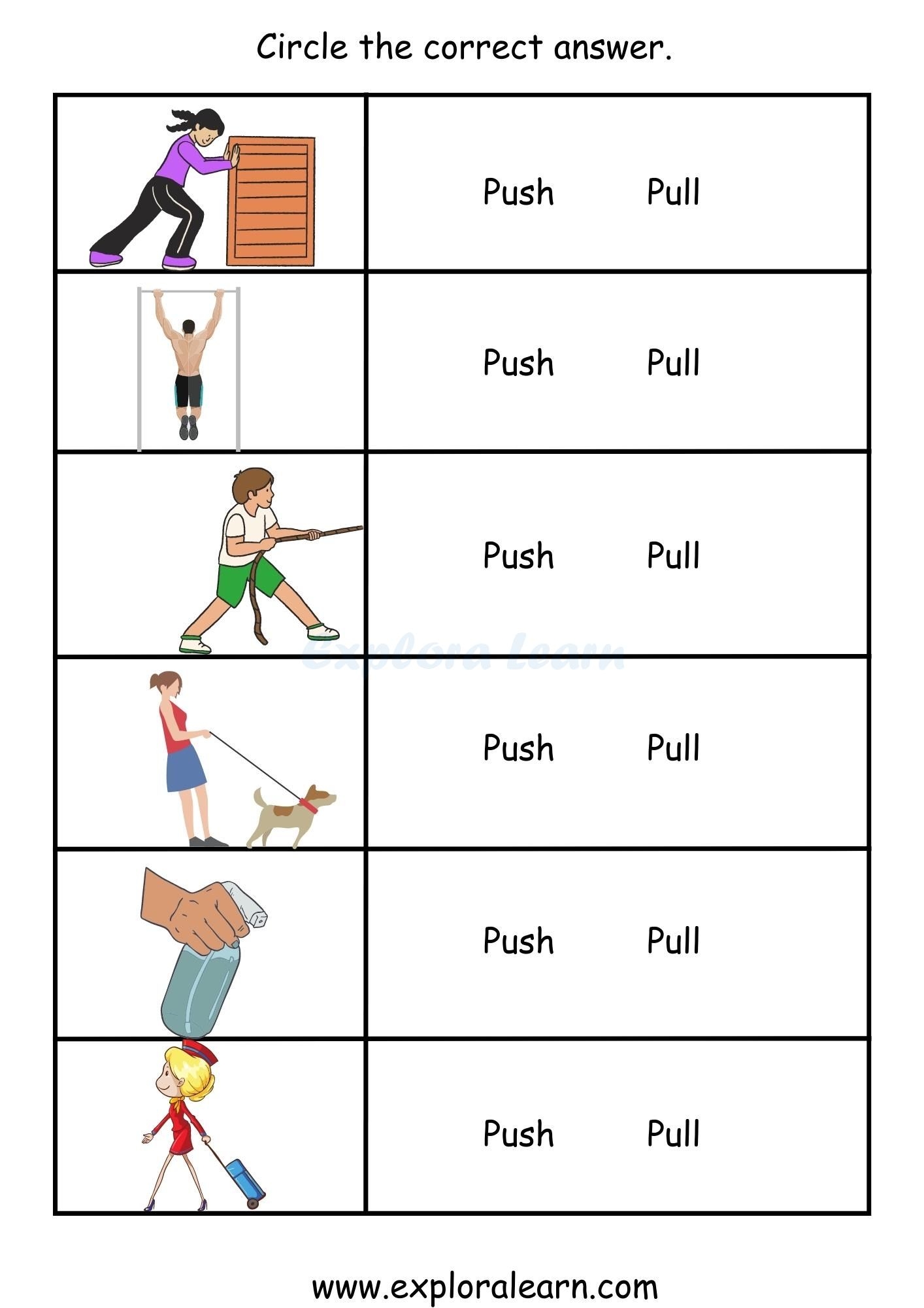 Free Exploralearn Worksheets Class 1 Science Worksheets Push Or Pull Push And Pulls Worksheets Printable