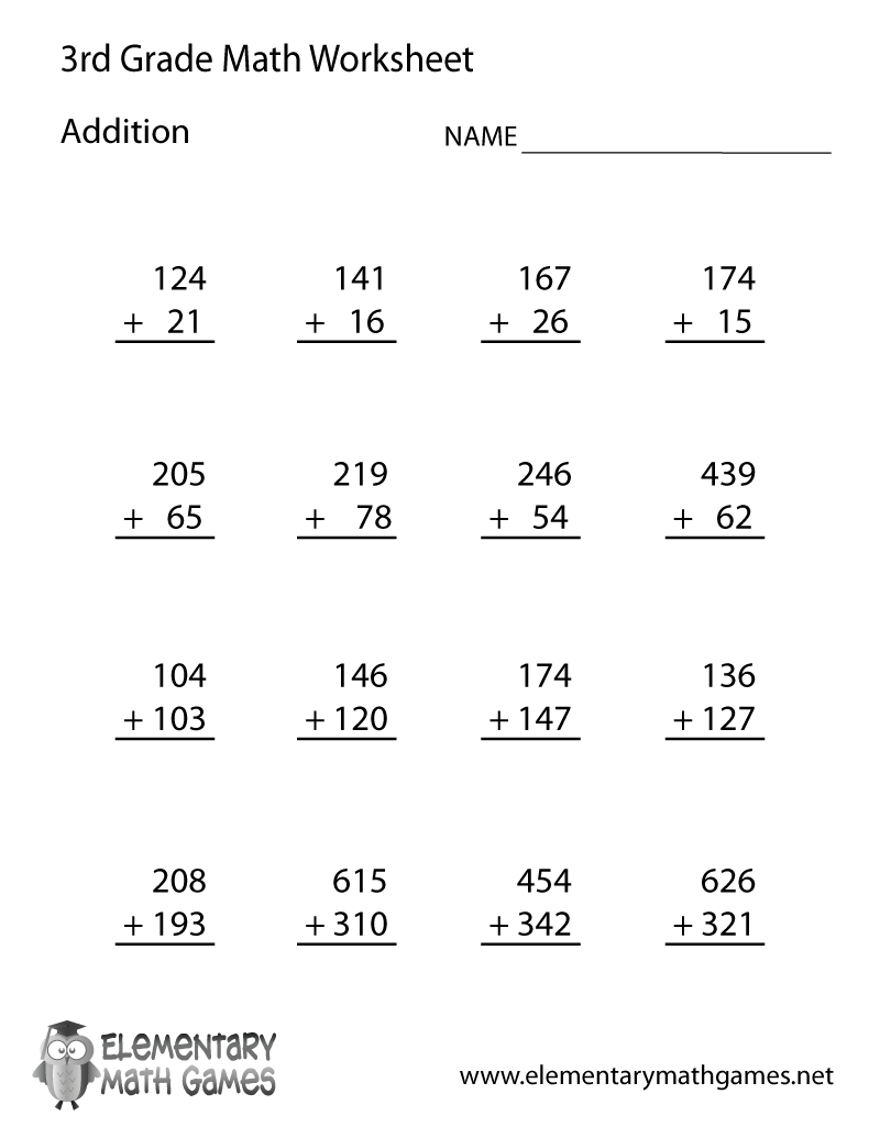 Free Printable Addition Worksheet For Third Grade Math Worksheets Dynamically Created Math Worksheets