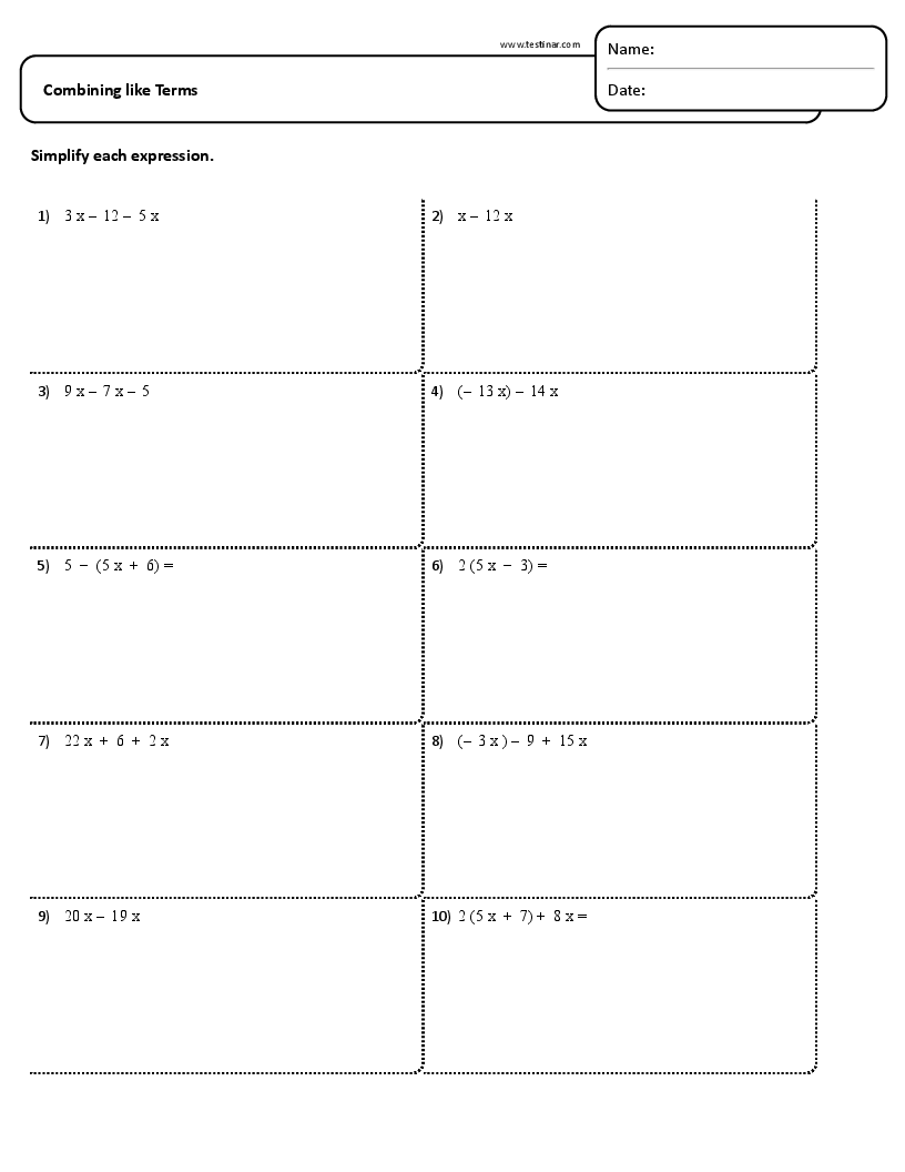 FREE Printable Combining Like Terms Worksheets Printable 9th Grade Distributive Property Worksheets