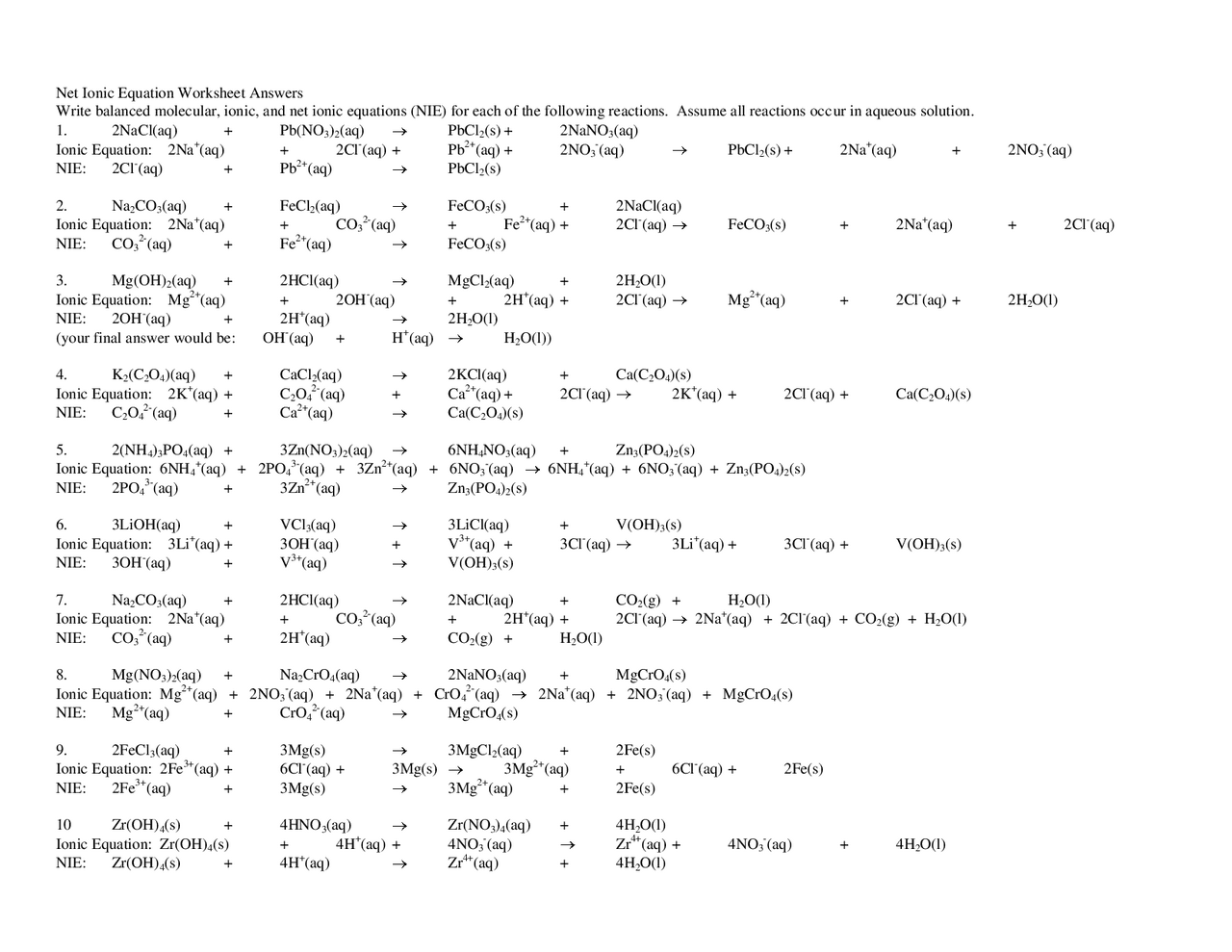 Free Printable Net Ionic Equation Worksheets For Students Worksheets Library