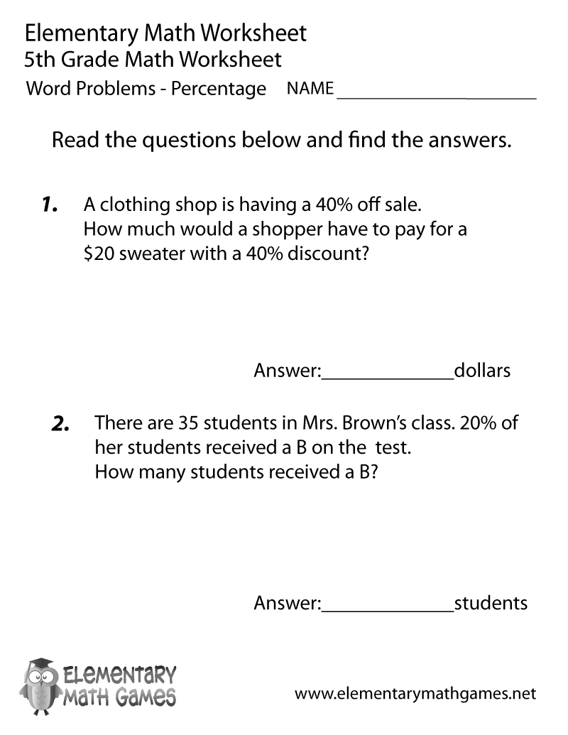 Free Printable Percentage Word Problems Worksheet For Fifth Grade Multiplication Problems Printable 5th Grade