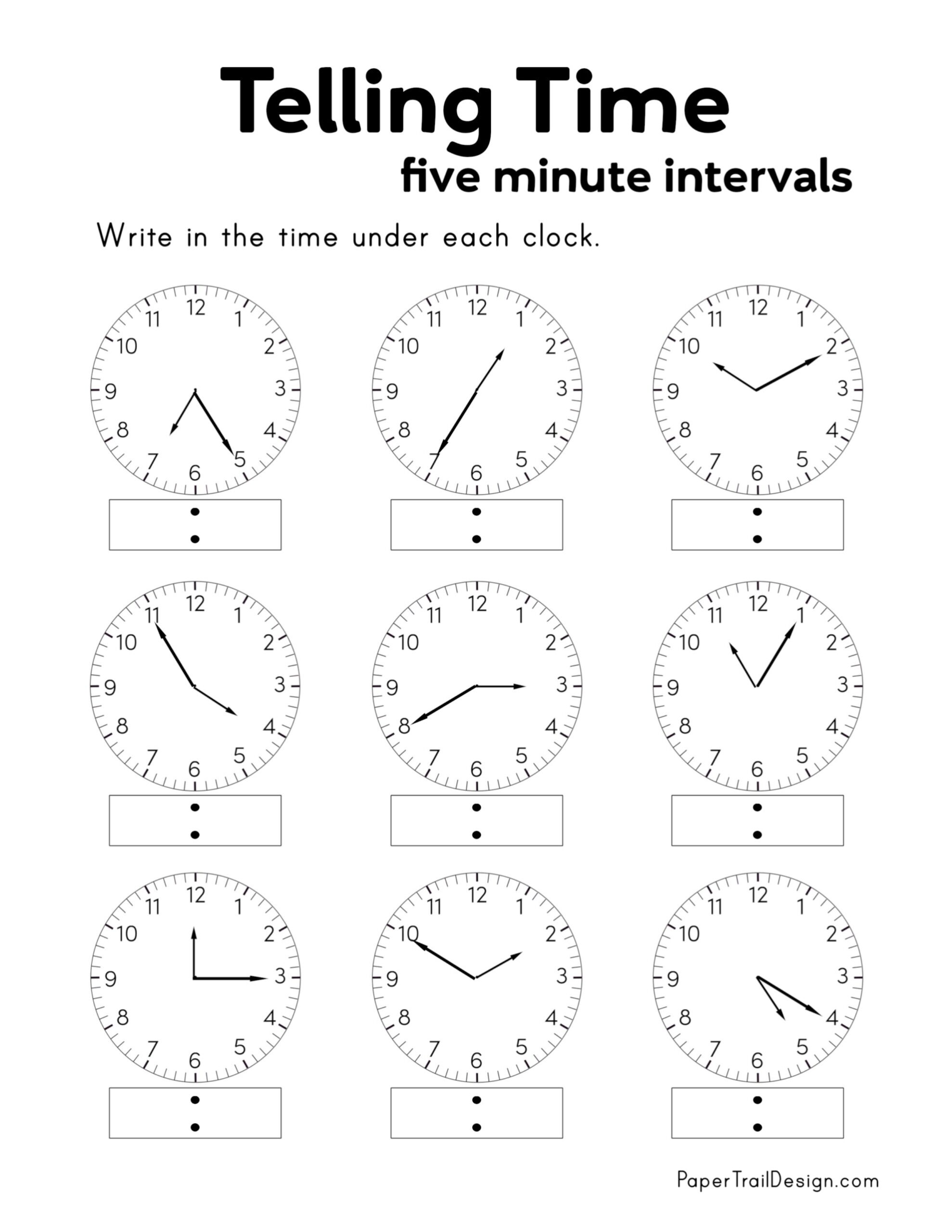 Free Printable Telling Time Worksheets Paper Trail Design Telling Time To 5 Minutes Worksheets