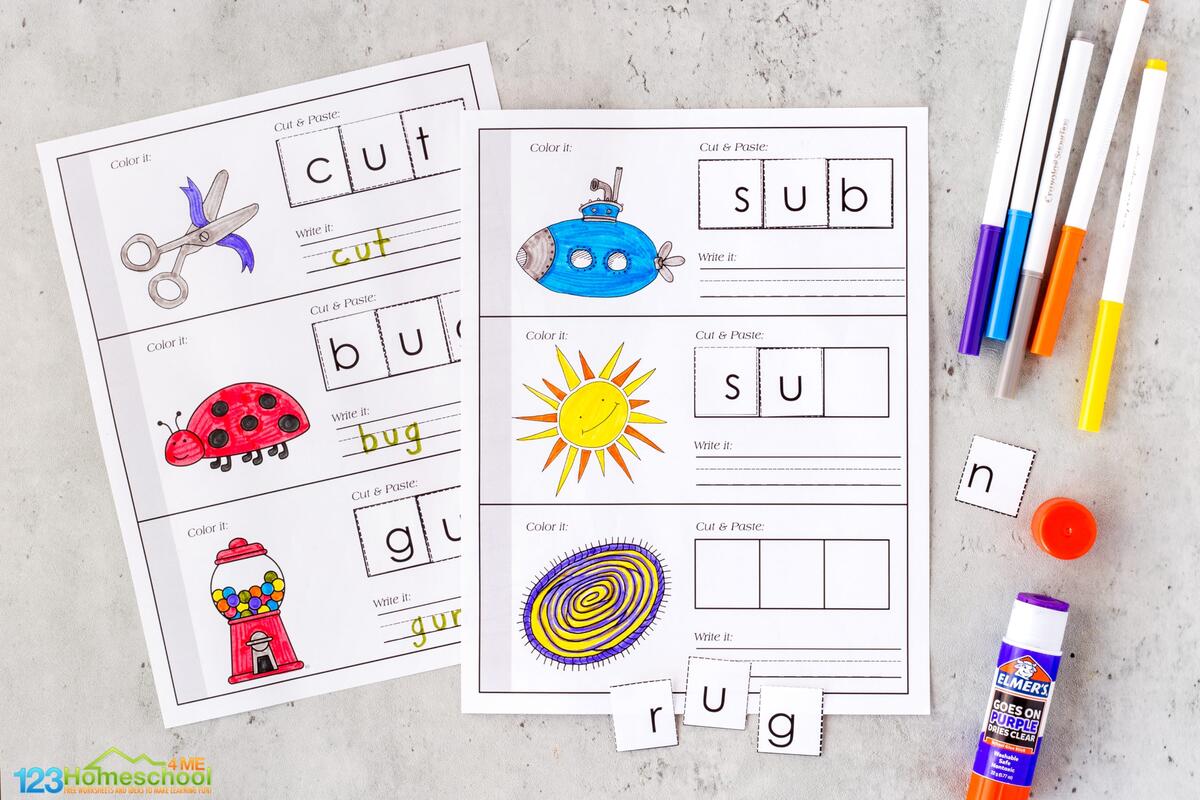 FREE Short U CVC Words Activity Cut And Paste Worksheets