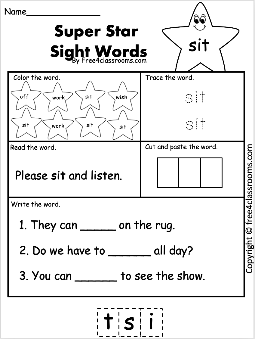 Free Sight Word Worksheet Sit