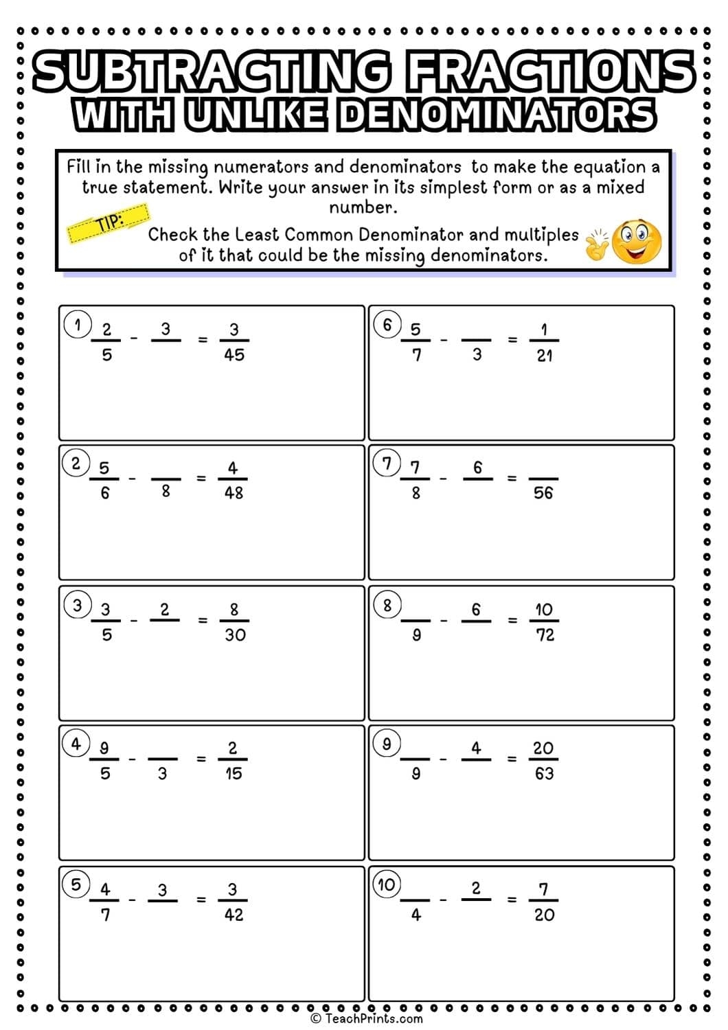 Free Subtracting Fractions With Unlike Denominators Worksheets Teach Prints Adding And Subtracting Fractions Worksheets