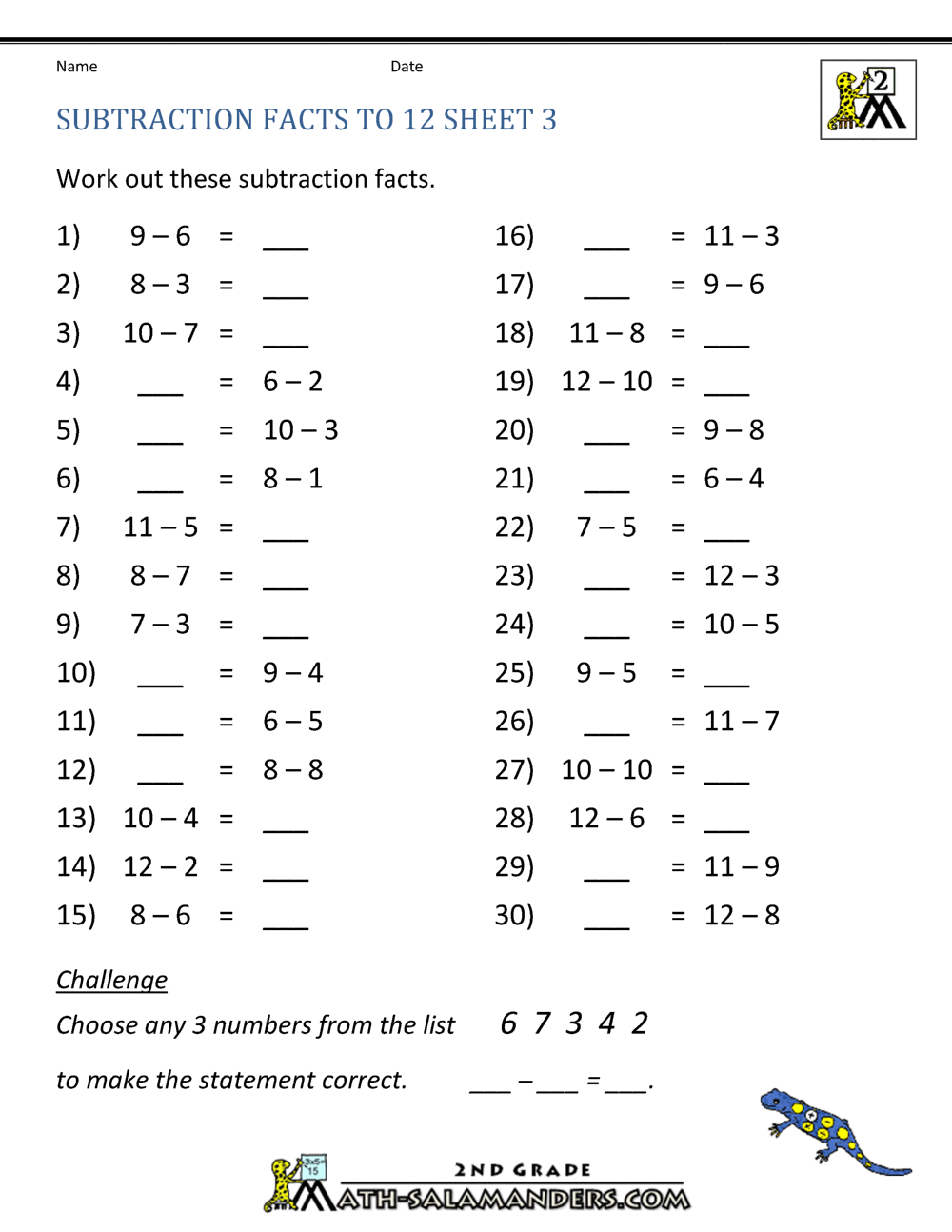 Free Subtraction Worksheets To 12 Subtraction Facts To 20