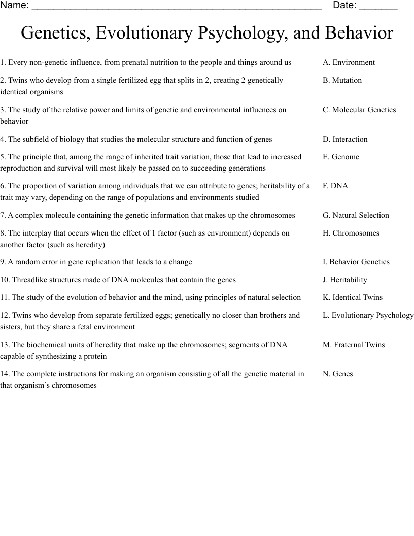 Genetics Evolutionary Psychology And Behavior Worksheet WordMint Genetics Evolutionary Psychology And Behavior Worksheet WordMint