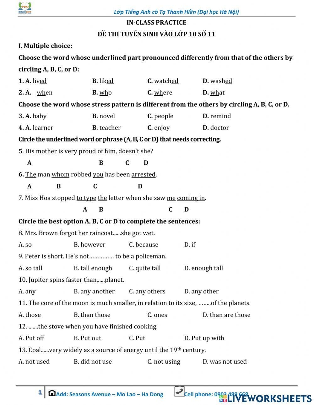 Grade 9 Grammar Test Worksheet Worksheets Library
