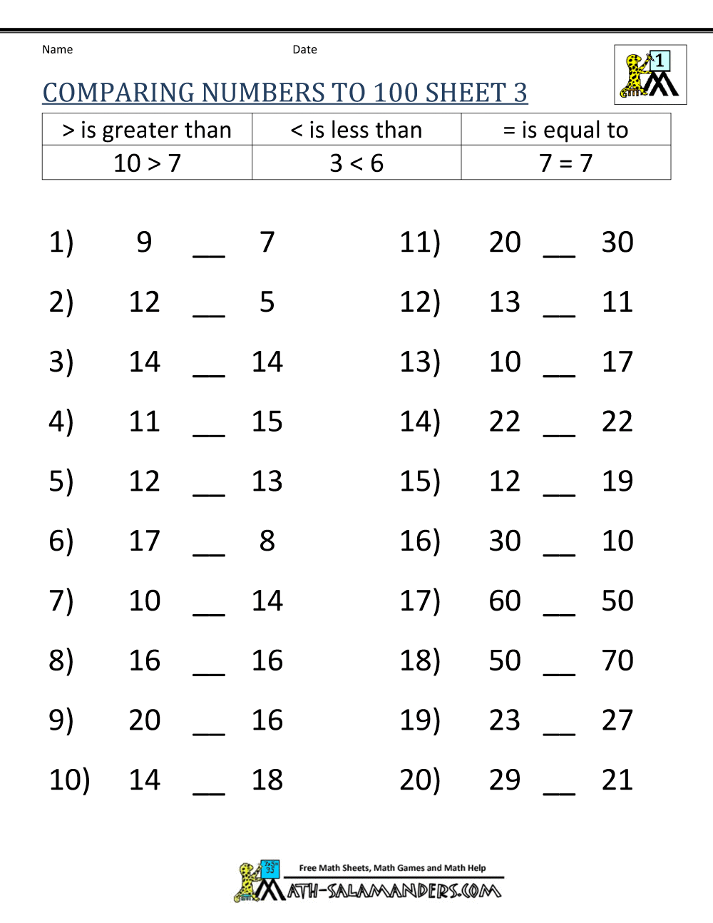 Greater Than Less Than Worksheet Comparing Numbers To 100 1st Grade Comparing And Ordering Worksheets