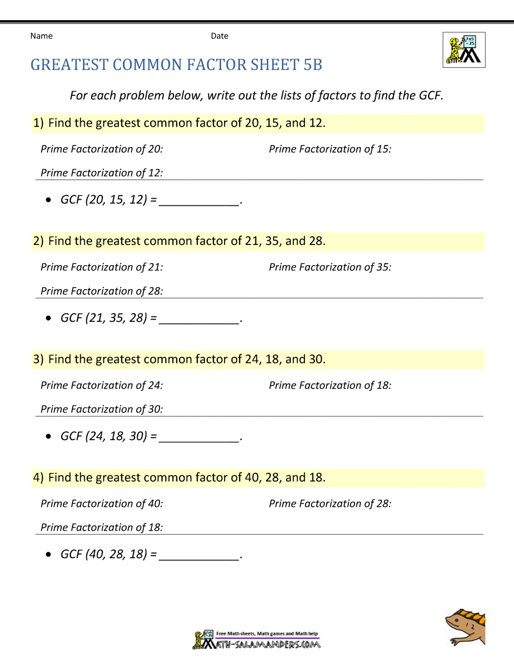Greatest Common Factor Worksheet Page Greatest Common Factor GCF Worksheet PDF Printable Operations Algebraic Thinking Worksheet Cazoom Math