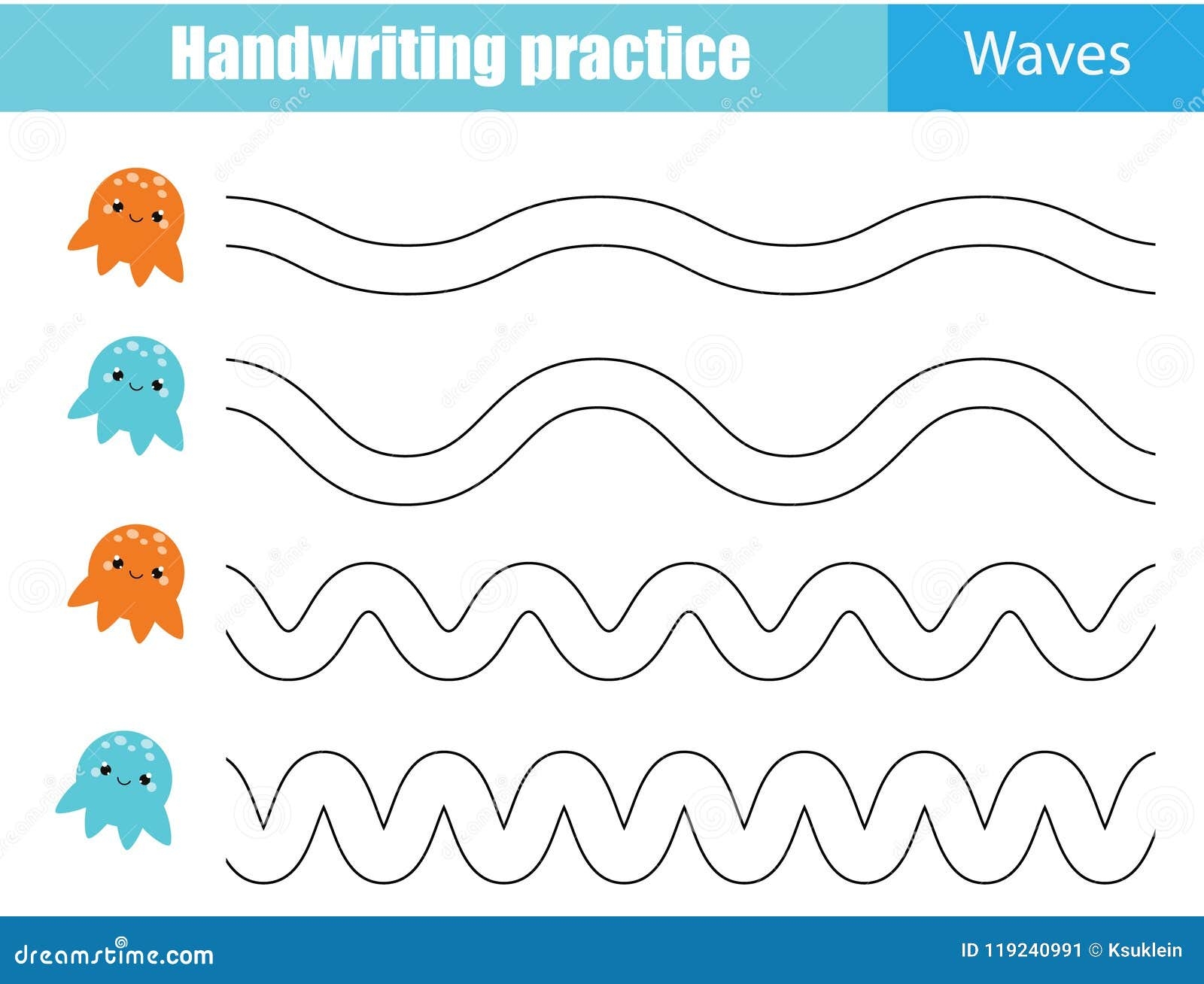 Handwriting Practice Sheet Educational Children Game Printable Worksheet For Kids Wavy Lines Stock Vector Illustration Of Outline Jellyfish 119240991