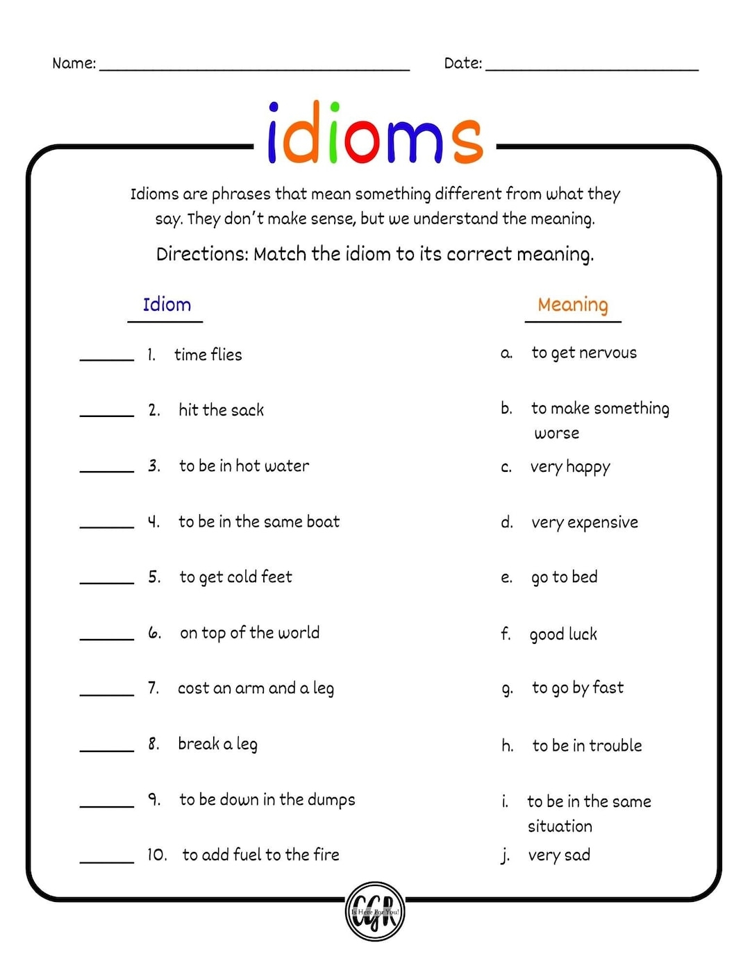 Idioms Worksheet Etsy Idioms Worksheet Etsy
