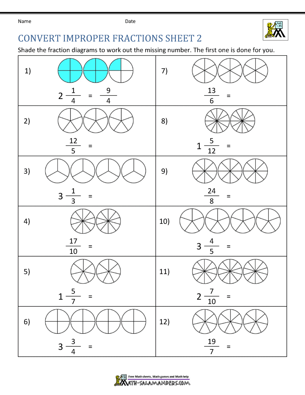 Improper Fraction Worksheets Mixed Numbers And Improper Fractions A Worksheet Printable Maths Worksheets