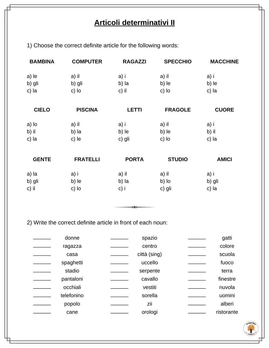 Italian Definite Articles Worksheets Articoli Determinativi Worksheets Library