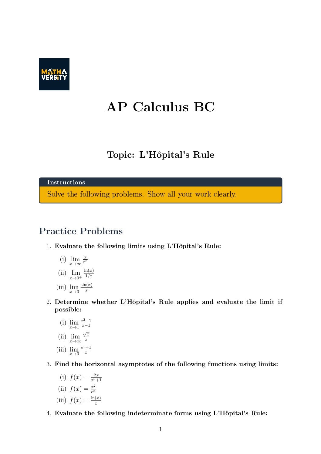 L H Pital S Rule AP Calculus BC Free Worksheet Practice Problems Mathaversity Tutors L H Pital S Rule AP Calculus BC Free Worksheet Practice Problems Mathaversity Tutors