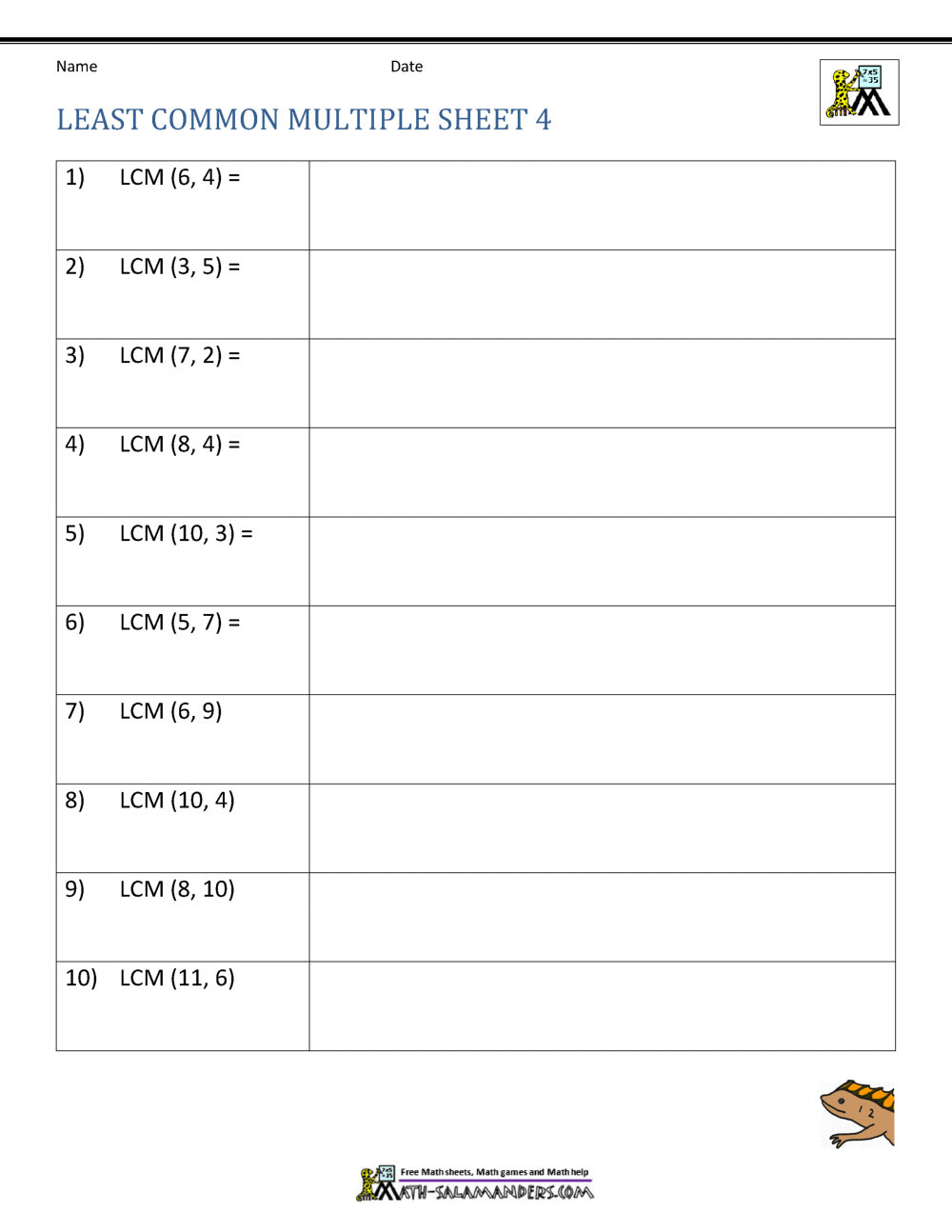 Least Common Multiple Worksheets Page