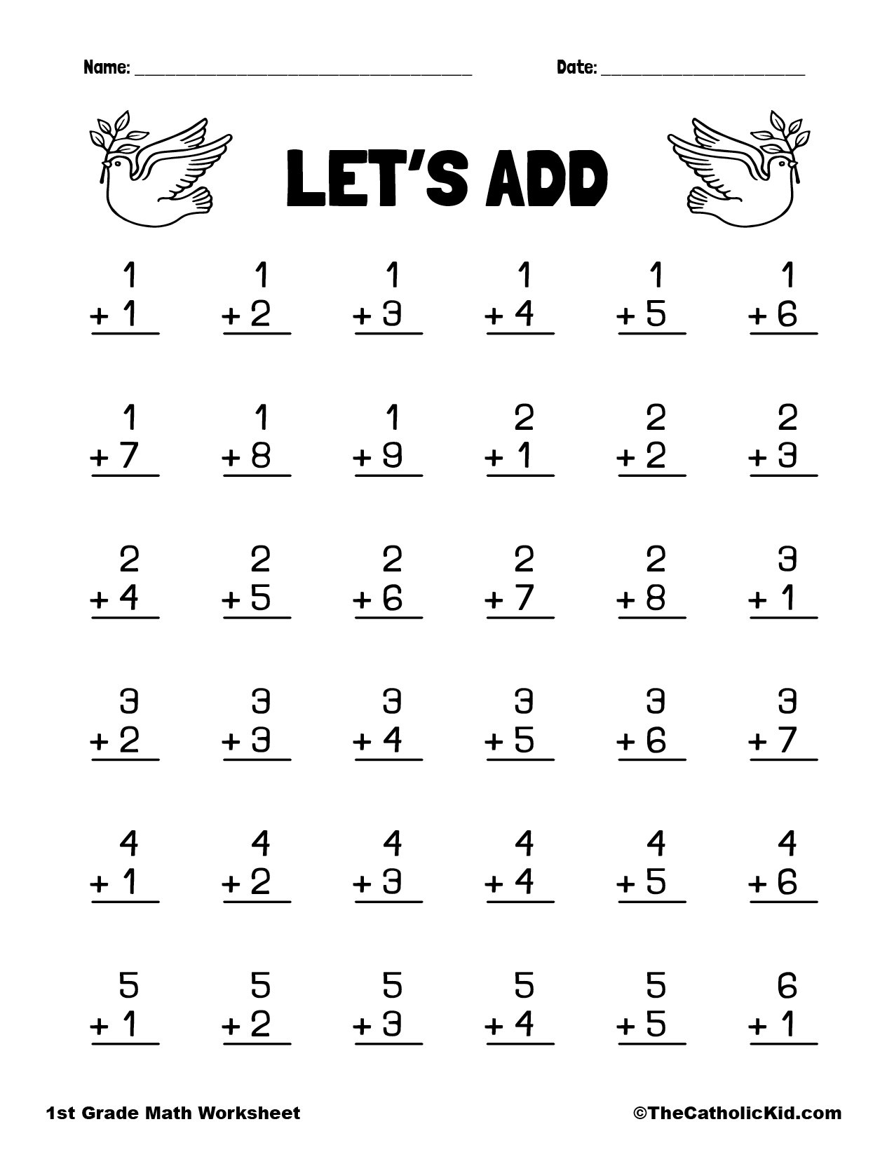 Let S Add 1st Grade Math Worksheet Catholic Dove Themed Subtraction Facts Worksheets 1st Grade